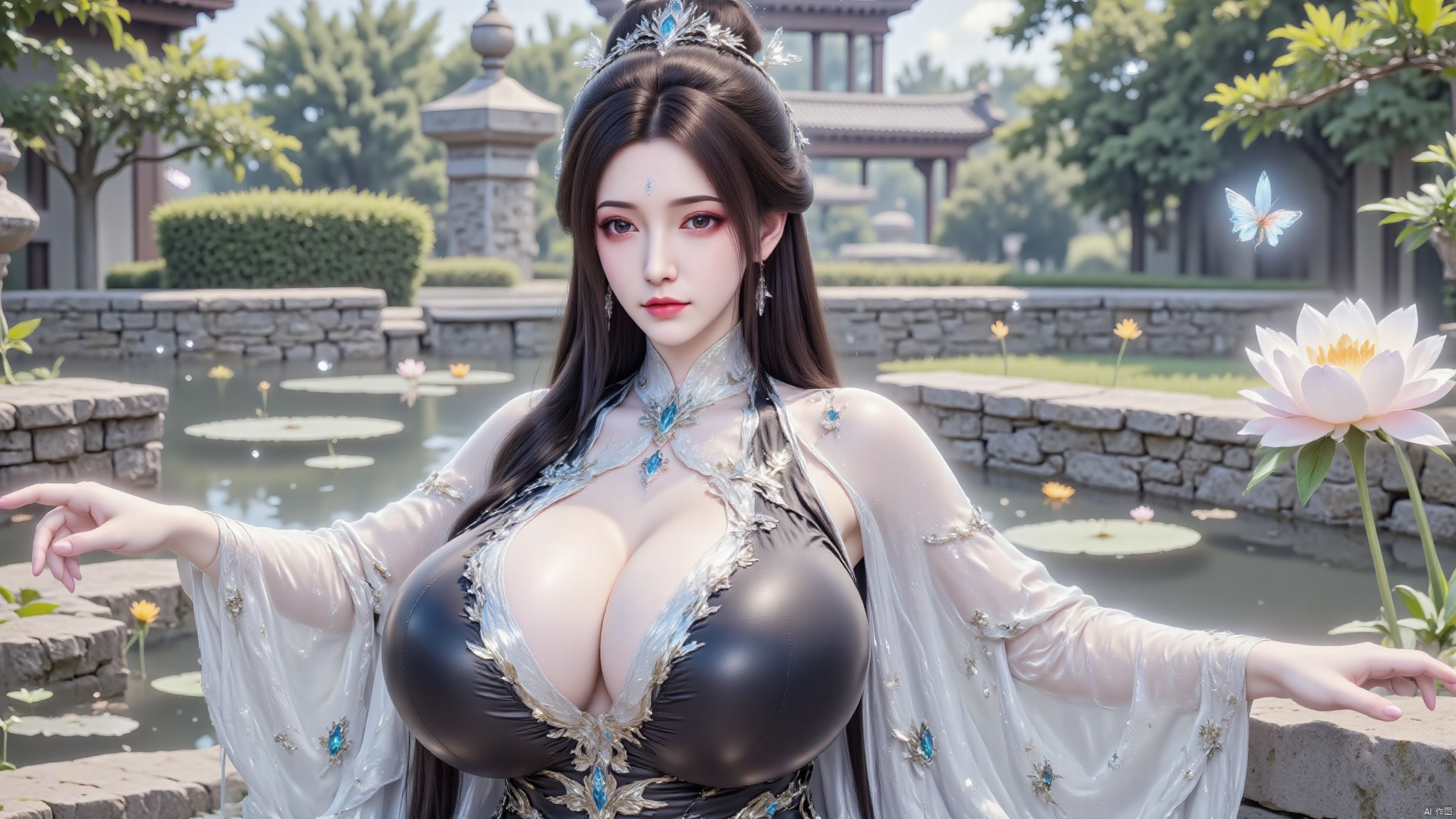 LXQ陆雪琪,1girl,solo,smile,standing,huge breasts,huge buttocks,long hair,hair ornament,shiny black and white dress,jewelry,collarbone,tiara,butterfly,makeup,red lips,outdoors,DTCchange,best quality,realistic,changeR,Hugebr