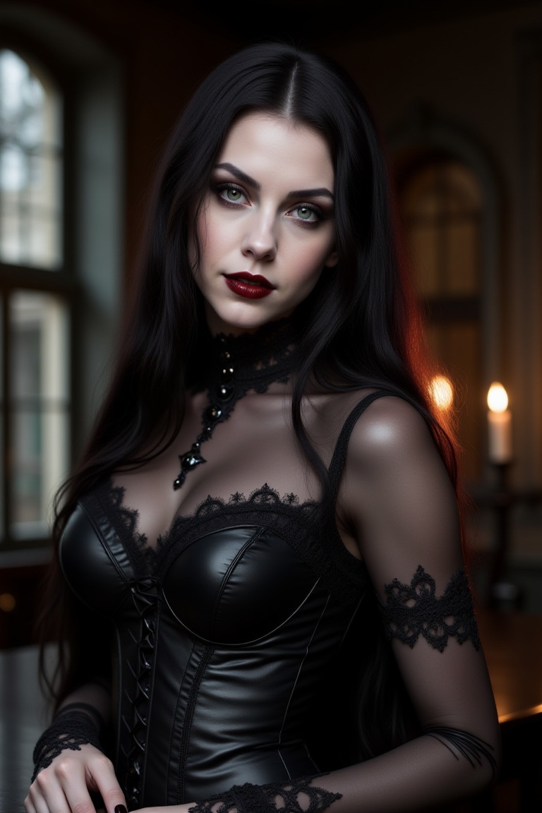 Photograph of a beautiful young woman Marissa,  interiors,  gothic dark fantasy on Tensor.Art