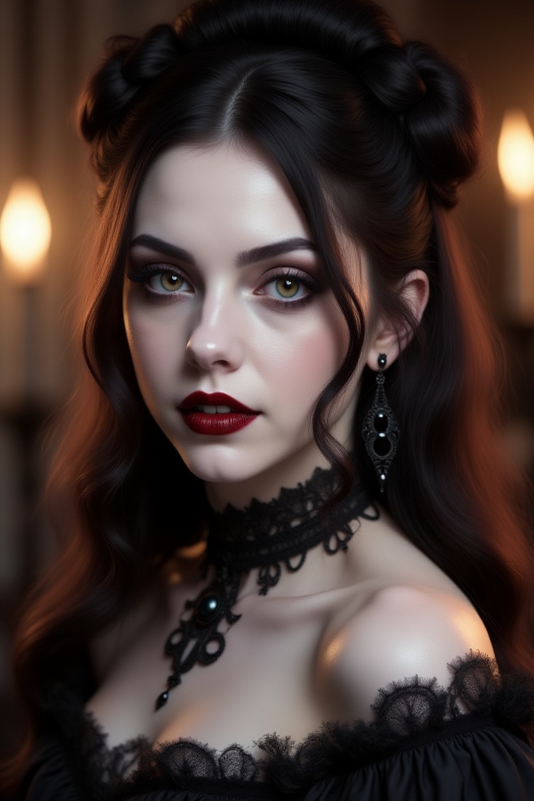 Photograph of a beautiful young woman Marissa,  interiors,  gothic dark fantasy on Tensor.Art