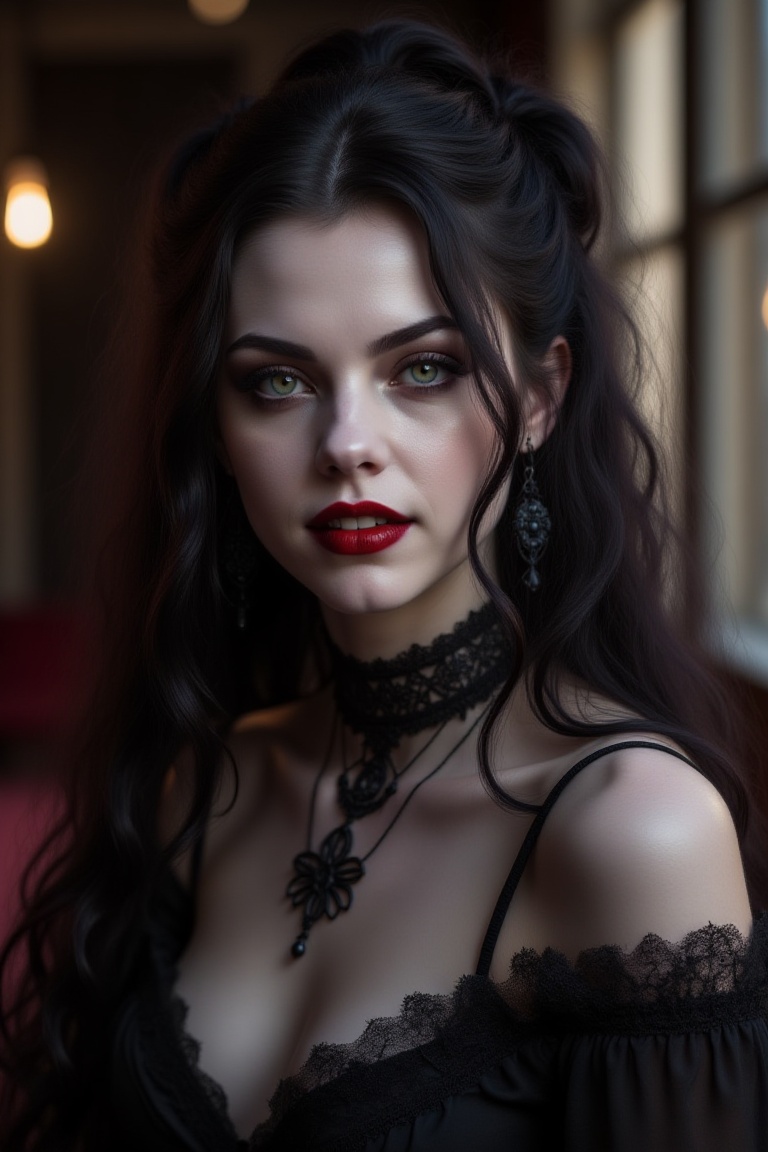 Photograph of a beautiful young woman Marissa,  interiors,  gothic dark fantasy on Tensor.Art