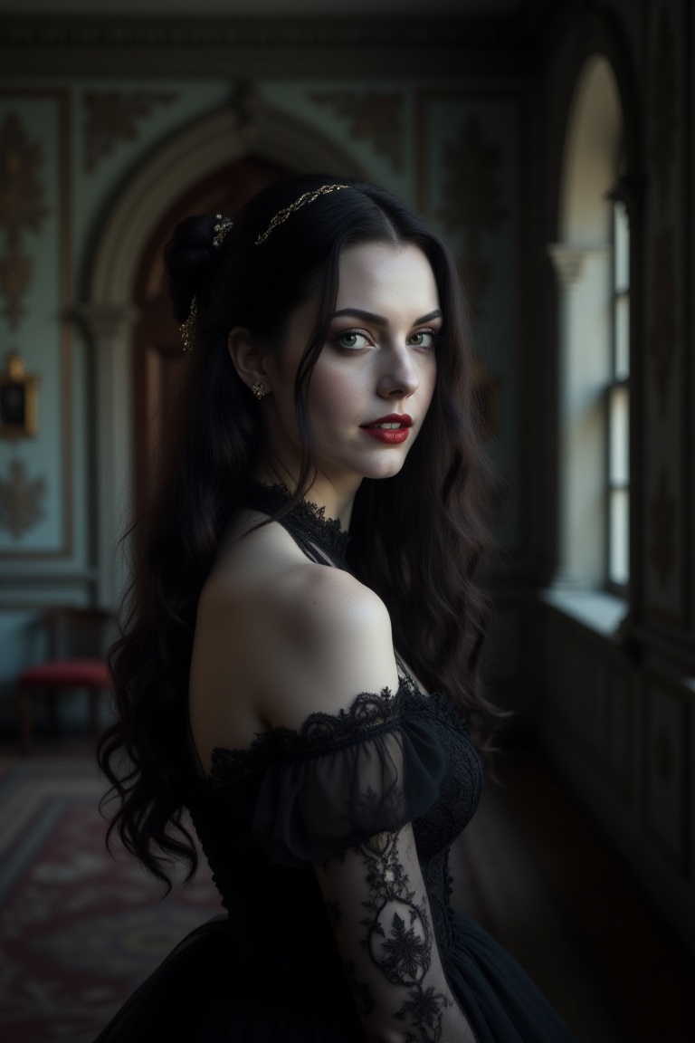A subtle yet enchanting photo of a woman with a gentle yet sinister expression. She wears a delicate black dress adorned w...