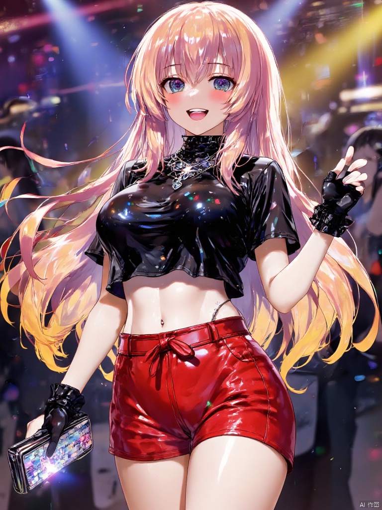 Create an anime-style illustration of a beautiful girl with long, flowing golden hair. She wears a black sequin crop top that sparkles brilliantly under the light, with the short design accentuating her figure. Her outfit is paired with red leather shorts, the texture of the leather adding a bold contrast to the black top, showcasing her personality and fashion sense. She completes the look with black high heels, elevating her presence. A striking metallic necklace adorns her neck, and she wears black lace gloves, adding a touch of mystery and allure. In her hand, she holds a sparkling clutch, making her the center of attention at the party. The background is a vibrant party scene filled with lights and music, with dramatic lighting emphasizing her radiance and charm. Aim for high-quality resolution (300 DPI) to ensure vivid details and a polished finish.,ani25,fb