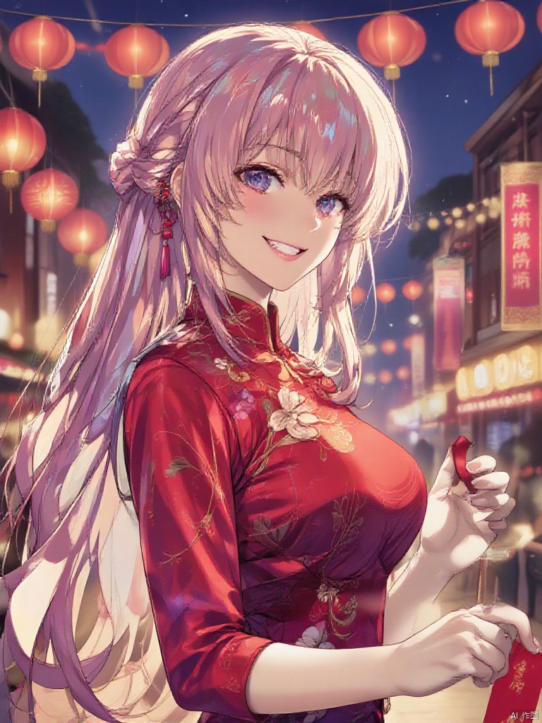 Create an anime-style illustration featuring a mature, stunning woman with flowing golden hair, wearing a vibrant red qipao adorned with intricate floral patterns. She stands on a bustling street filled with festive decorations for Chinese New Year, including red lanterns and colorful banners. The scene is viewed from her boyfriend's perspective, capturing her radiant smile as she holds a bright red envelope (hongbao) in her hand, symbolizing good fortune. The composition should emphasize her elegance against the lively backdrop of the street, with warm, golden lighting casting a soft glow on her face. Use a rich color palette dominated by reds and golds, enhancing the celebratory atmosphere. The texture should be smooth and polished, evoking a sense of joy and excitement. Aim for high-quality resolution (300 DPI) to ensure vivid details and a striking visual impact.