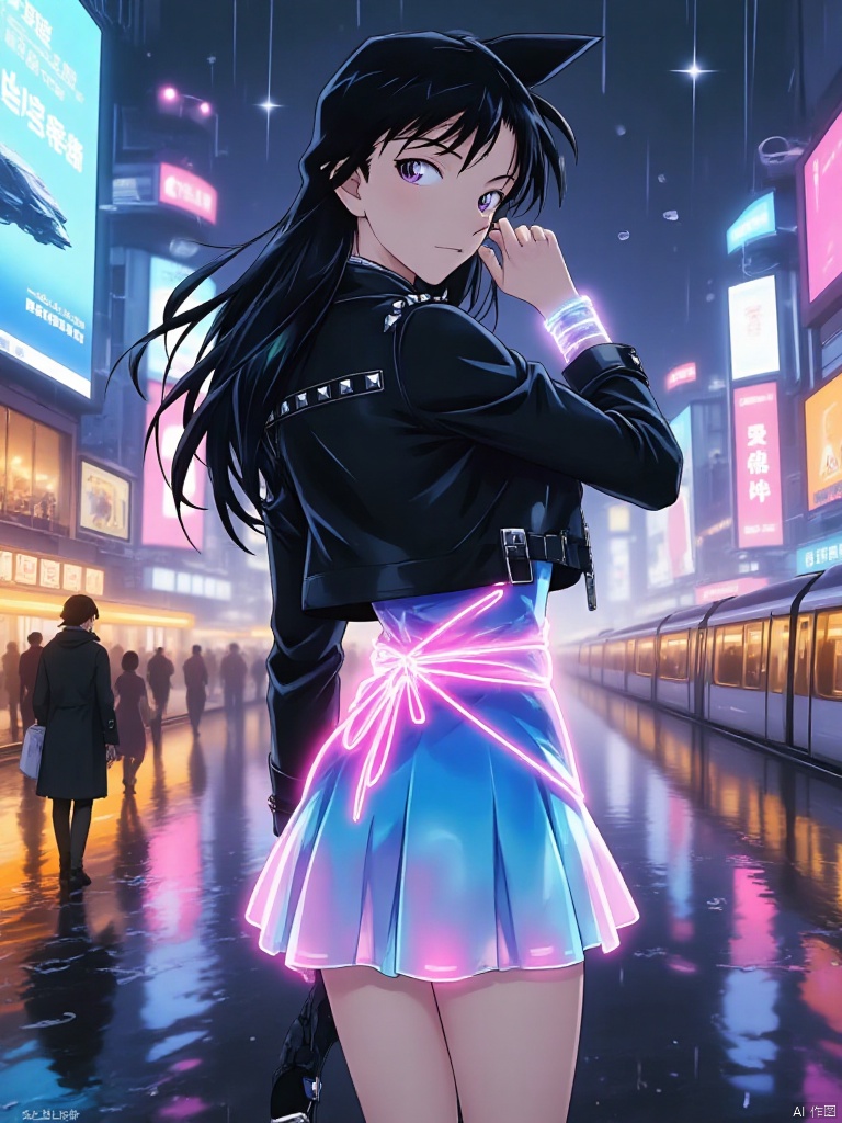 Create a cyberpunk-themed illustration of a fashion icon on a rainy night. The character is an anime-style woman with long black wavy hair featuring neon blue-purple highlights and amber eyes. Her makeup is glossy, with iridescent eyeshadow and an ombre lip. She wears a black asymmetric leather jacket adorned with metal studs, a neon blue-pink gradient translucent dress, a glowing fiber-optic waist belt, knee-high boots with mechanical patterns, and a holographic wrist projector. The scene is set on a rain-soaked neon street with holographic billboards and floating trains. The ground is reflective with ripples from the rain, and glowing nano-particles float in the air. Lighting includes cold blue-purple neon from the left, warm orange ambient glow from the right, a soft ring light on her face, and pulsating pink light from her belt. The atmosphere blends cyberpunk with ethereal fantasy, featuring translucent rain particles and a bokeh background. Her dynamic pose includes looking back over her shoulder and touching her hair,maolilan,ani25