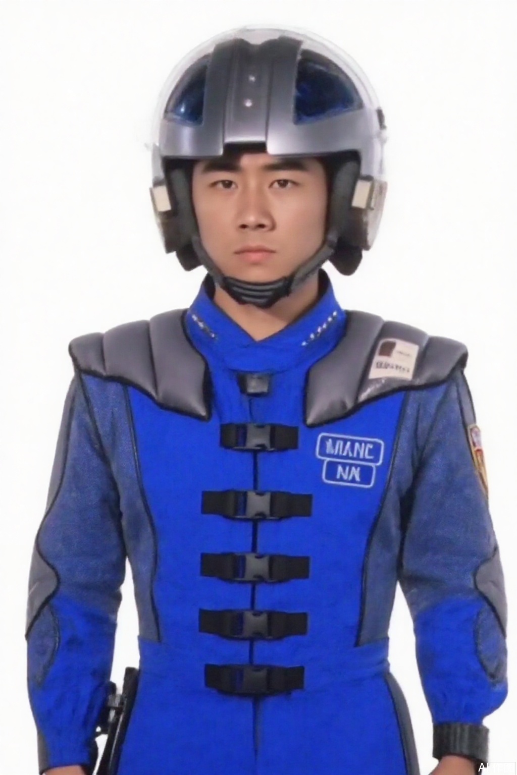 masterpiece, best quality,solo,(white background:1.2),simple background,
looking at viewer,WINR,helmet,collar,belt,logo,uniform,jacket,gloves,emblem,blue jacket with grey line