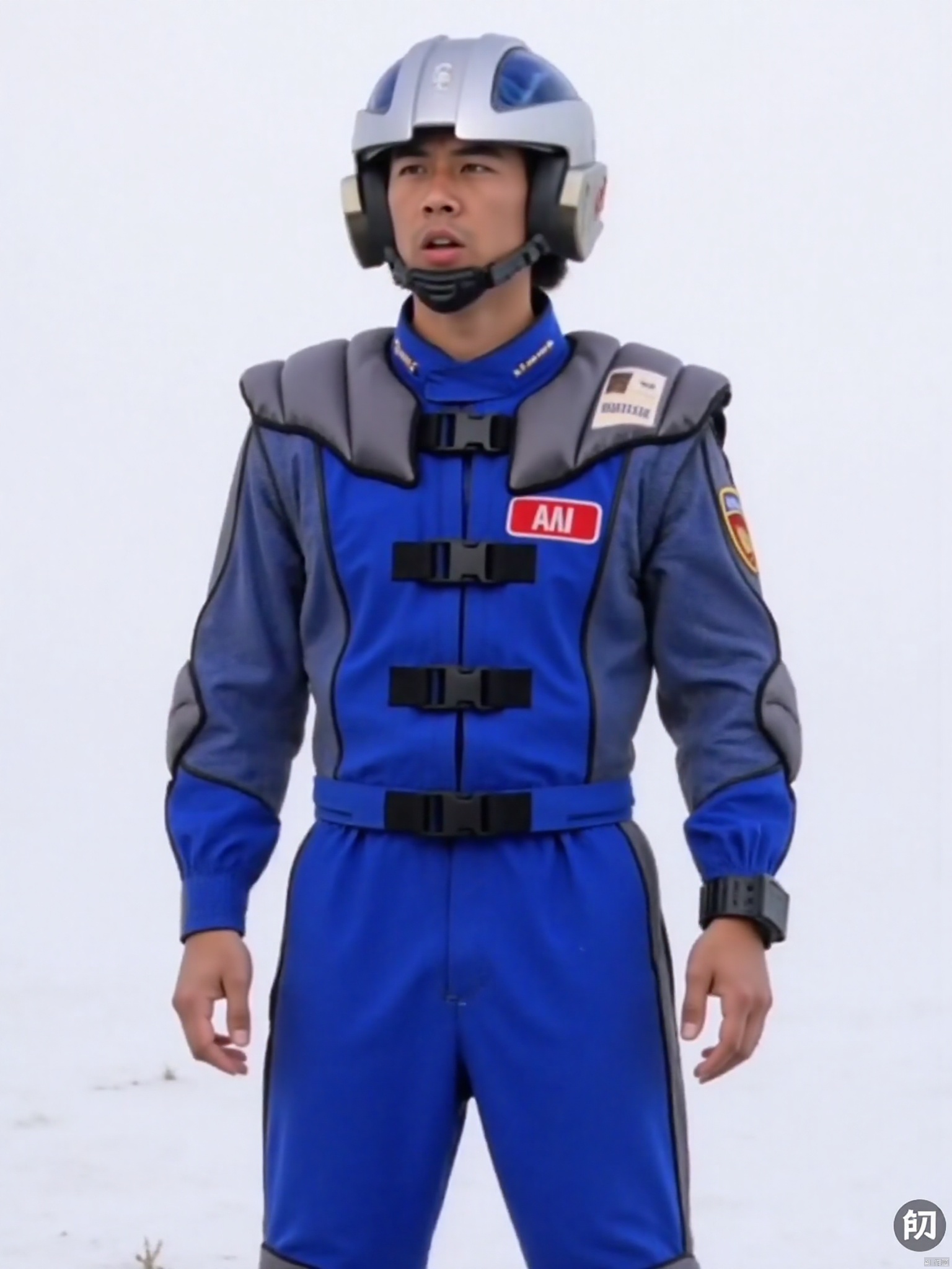 WINR,collar,belt,logo,uniform,jacket,pants,gloves,boots,emblem,blue jacket with grey line,blue pants,helmet