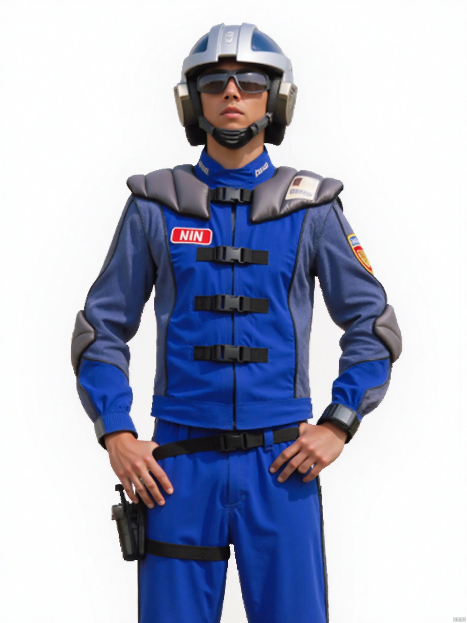 WINR,collar,belt,logo,uniform,jacket,pants,gloves,boots,emblem,blue jacket with grey line,blue pants,helmet