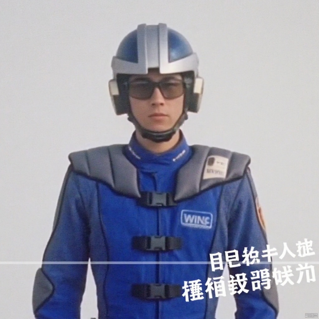 WINR,collar,belt,logo,uniform,jacket,pants,gloves,boots,emblem,blue jacket with grey line,blue pants,helmet