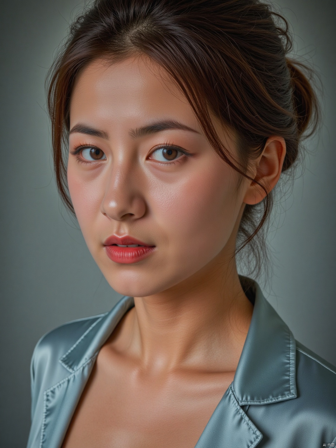  (RAW photo, 4k, realistic, exquisitely detailed skin),masterpiece,best quality,unity 8k wallpaper,ultra detailed,cinematic look,natural skin texture,extremely realistic skin texture,finely detailed face,(film grain:1.2),cinematic angle,Fujifilm XT3,,(highlydetailed),(bright scene),( one pretty girl, solo, updo, prefect face, makeup, big tits, cleavage, sexy shirt, looking at viewer),(detailed lighting),(contrast),(mysterious atmosphere),,vivid illumination,,masterful technique,,harmonious composition,,immersive atmosphere,,stunning visuals,