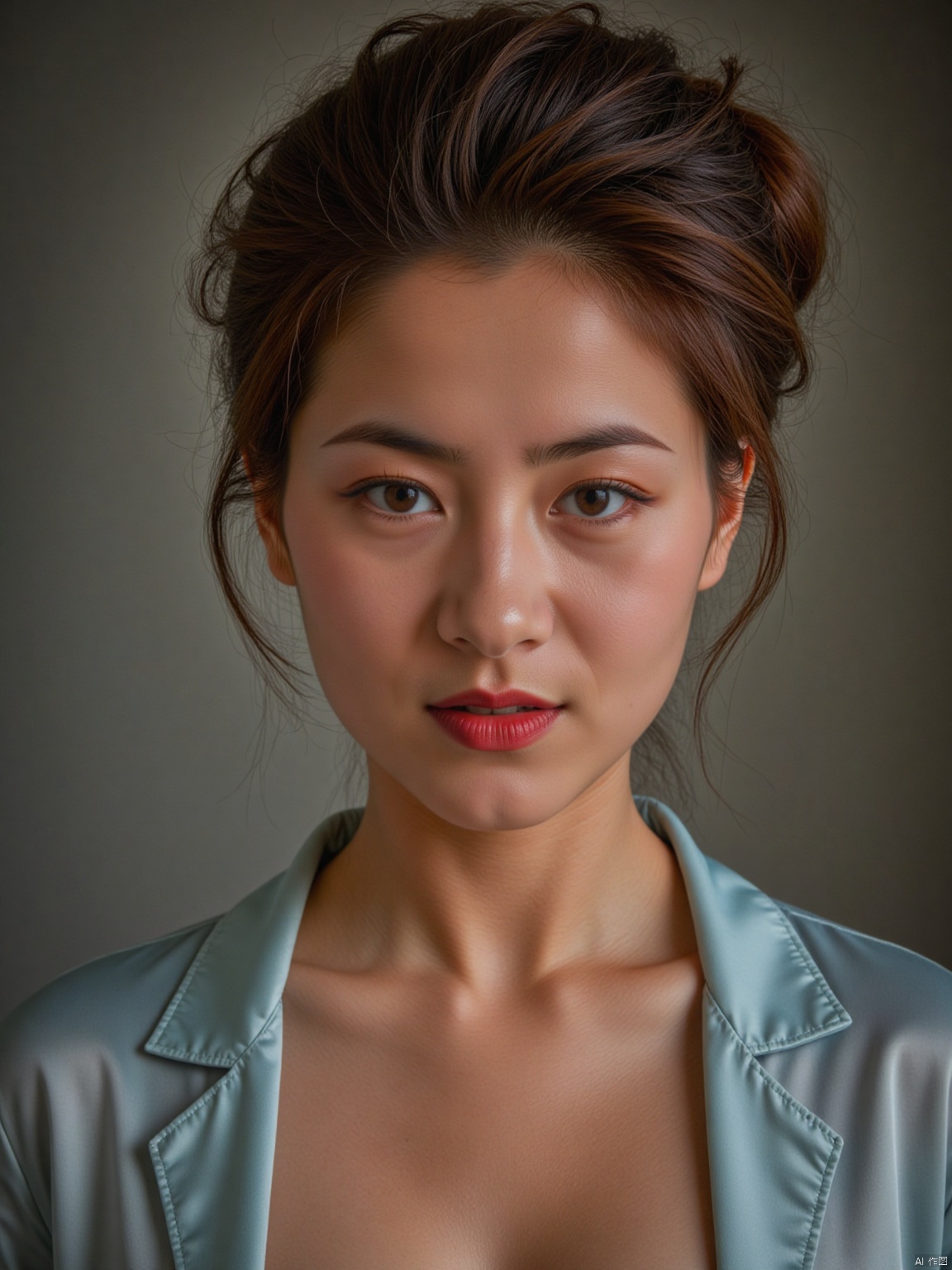  (RAW photo, 4k, realistic, exquisitely detailed skin),masterpiece,best quality,unity 8k wallpaper,ultra detailed,cinematic look,natural skin texture,extremely realistic skin texture,finely detailed face,(film grain:1.2),cinematic angle,Fujifilm XT3,,(highlydetailed),(bright scene),( one pretty girl, solo, updo, prefect face, makeup, big tits, cleavage, sexy shirt, looking at viewer),(detailed lighting),(contrast),(mysterious atmosphere),,vivid illumination,,masterful technique,,harmonious composition,,immersive atmosphere,,stunning visuals,