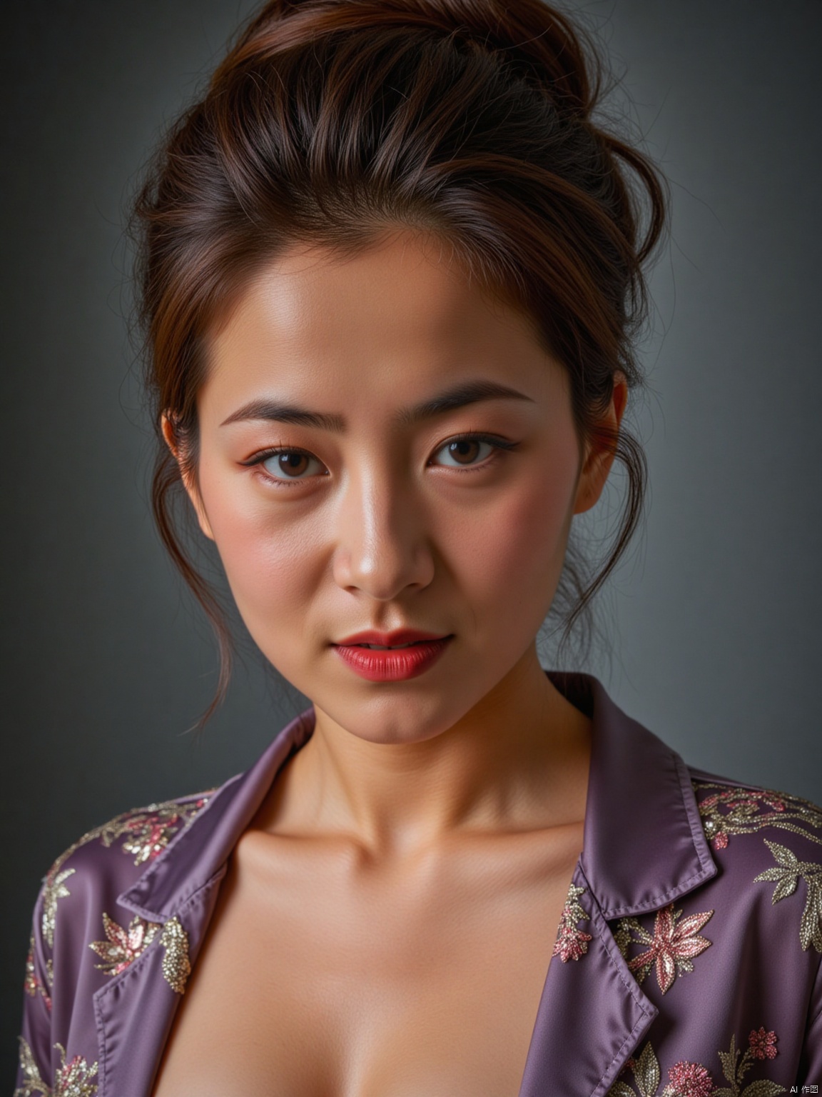  (RAW photo, 4k, realistic, exquisitely detailed skin),masterpiece,best quality,unity 8k wallpaper,ultra detailed,cinematic look,natural skin texture,extremely realistic skin texture,finely detailed face,(film grain:1.2),cinematic angle,Fujifilm XT3,,(highlydetailed),(bright scene),( one pretty girl, solo, updo, prefect face, makeup, big tits, cleavage, sexy shirt, looking at viewer),(detailed lighting),(contrast),(mysterious atmosphere),,vivid illumination,,masterful technique,,harmonious composition,,immersive atmosphere,,stunning visuals,