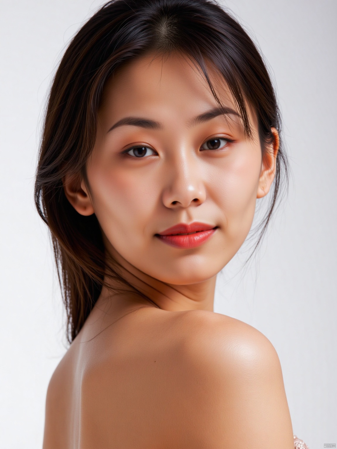 (RAW photo, 4k, realistic, exquisitely detailed skin),masterpiece,best quality,unity 8k wallpaper,ultra detailed,cinematic look,natural skin texture,extremely realistic skin texture,finely detailed face,(film grain:1.2),cinematic angle,Fujifilm XT3,,(highlydetailed),(bright scene),(1girl, solo, cleavage,breasts,low cut evening gown, white background, realistic, upper_body, sleeveless, lips, black hair, brown_eyes, strapless formal dress, looking_at_viewer, nose),(detailed lighting),(contrast),(mysterious atmosphere),,vivid illumination,,masterful technique,,harmonious composition,,immersive atmosphere,,stunning visuals,