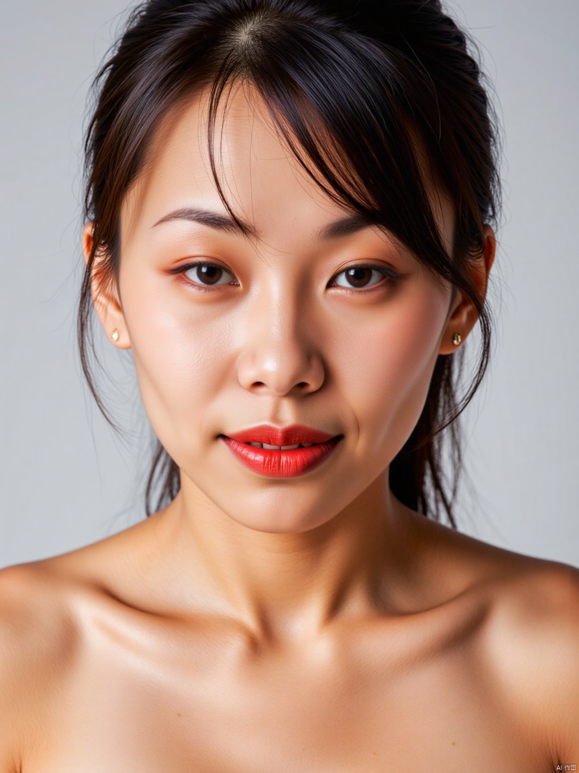  (RAW photo, 4k, realistic, exquisitely detailed skin),masterpiece,best quality,unity 8k wallpaper,ultra detailed,cinematic look,natural skin texture,extremely realistic skin texture,finely detailed face,(film grain:1.2),cinematic angle,Fujifilm XT3,,(highlydetailed),(bright scene),(1girl, solo, cleavage,breasts,low cut evening gown, white background, realistic, upper_body, sleeveless, lips, black hair, brown_eyes, strapless formal dress, looking_at_viewer, nose),(detailed lighting),(contrast),(mysterious atmosphere),,vivid illumination,,masterful technique,,harmonious composition,,immersive atmosphere,,stunning visuals,