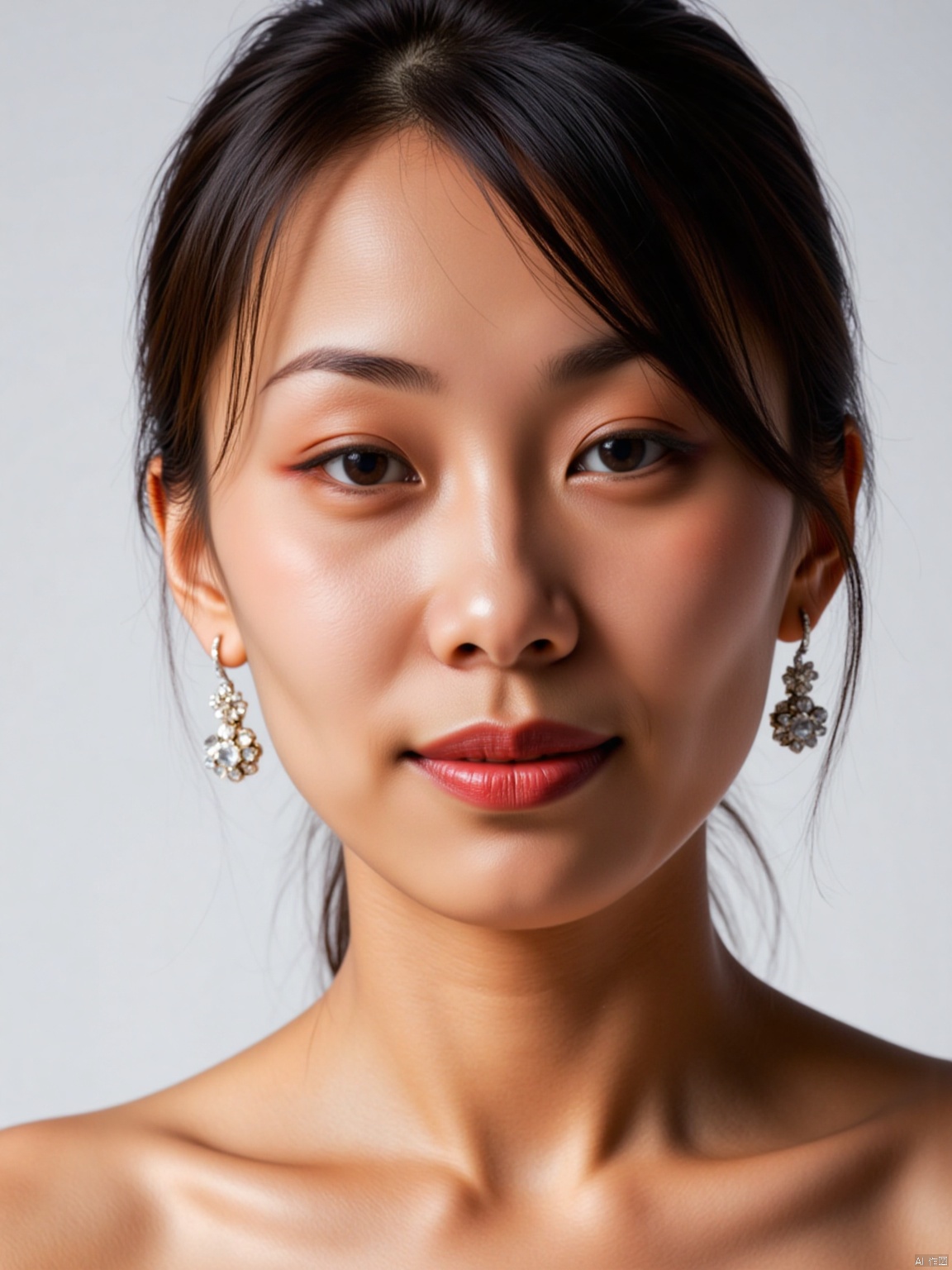  (RAW photo, 4k, realistic, exquisitely detailed skin),masterpiece,best quality,unity 8k wallpaper,ultra detailed,cinematic look,natural skin texture,extremely realistic skin texture,finely detailed face,(film grain:1.2),cinematic angle,Fujifilm XT3,,(highlydetailed),(bright scene),(1girl, solo, cleavage,breasts,low cut evening gown, white background, realistic, upper_body, sleeveless, lips, black hair, brown_eyes, strapless formal dress, looking_at_viewer, nose),(detailed lighting),(contrast),(mysterious atmosphere),,vivid illumination,,masterful technique,,harmonious composition,,immersive atmosphere,,stunning visuals,