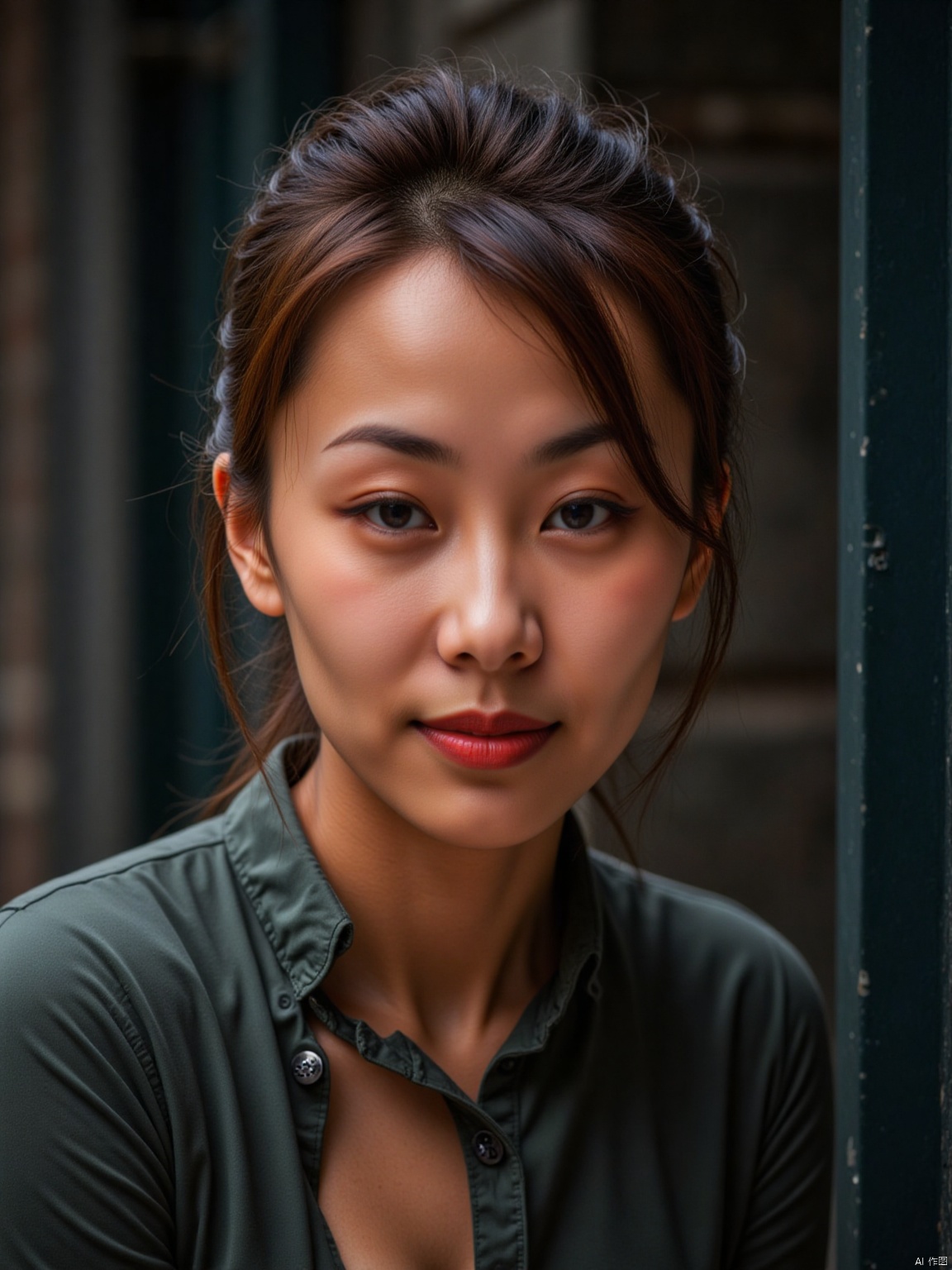  (RAW photo, 4k, realistic, exquisitely detailed skin),masterpiece,best quality,unity 8k wallpaper,ultra detailed,cinematic look,natural skin texture,extremely realistic skin texture,finely detailed face,(film grain:1.2),cinematic angle,Fujifilm XT3,,(highlydetailed),(bright scene),( one pretty girl, solo, updo, prefect face, makeup, big tits, cleavage, sexy shirt, looking at viewer),(detailed lighting),(contrast),(mysterious atmosphere),,vivid illumination,,masterful technique,,harmonious composition,,immersive atmosphere,,stunning visuals,