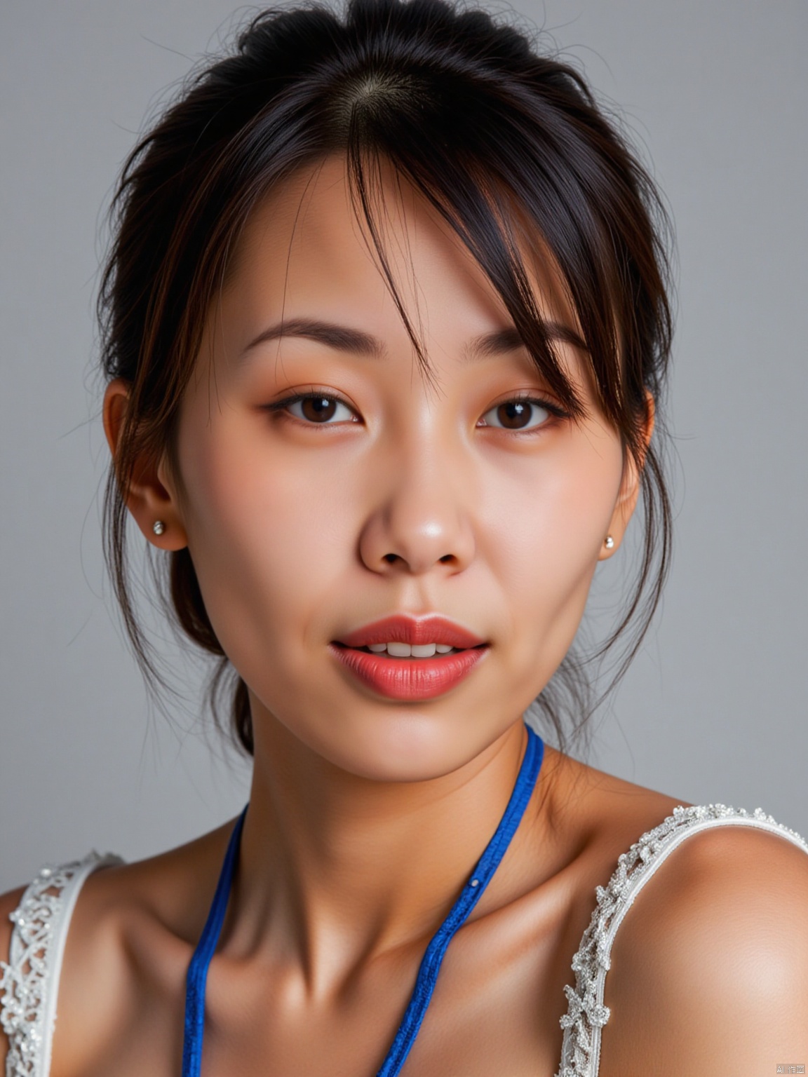 (RAW photo, 4k, realistic, exquisitely detailed skin),masterpiece,best quality,unity 8k wallpaper,ultra detailed,cinematic look,natural skin texture,extremely realistic skin texture,finely detailed face,(film grain:1.2),cinematic angle,Fujifilm XT3,,(highlydetailed),(bright scene),(1girl, solo, cleavage,breasts,low cut evening gown, white background, realistic, upper_body, sleeveless, lips, black hair, brown_eyes, strapless formal dress, looking_at_viewer, nose),(detailed lighting),(contrast),(mysterious atmosphere),,vivid illumination,,masterful technique,,harmonious composition,,immersive atmosphere,,stunning visuals,