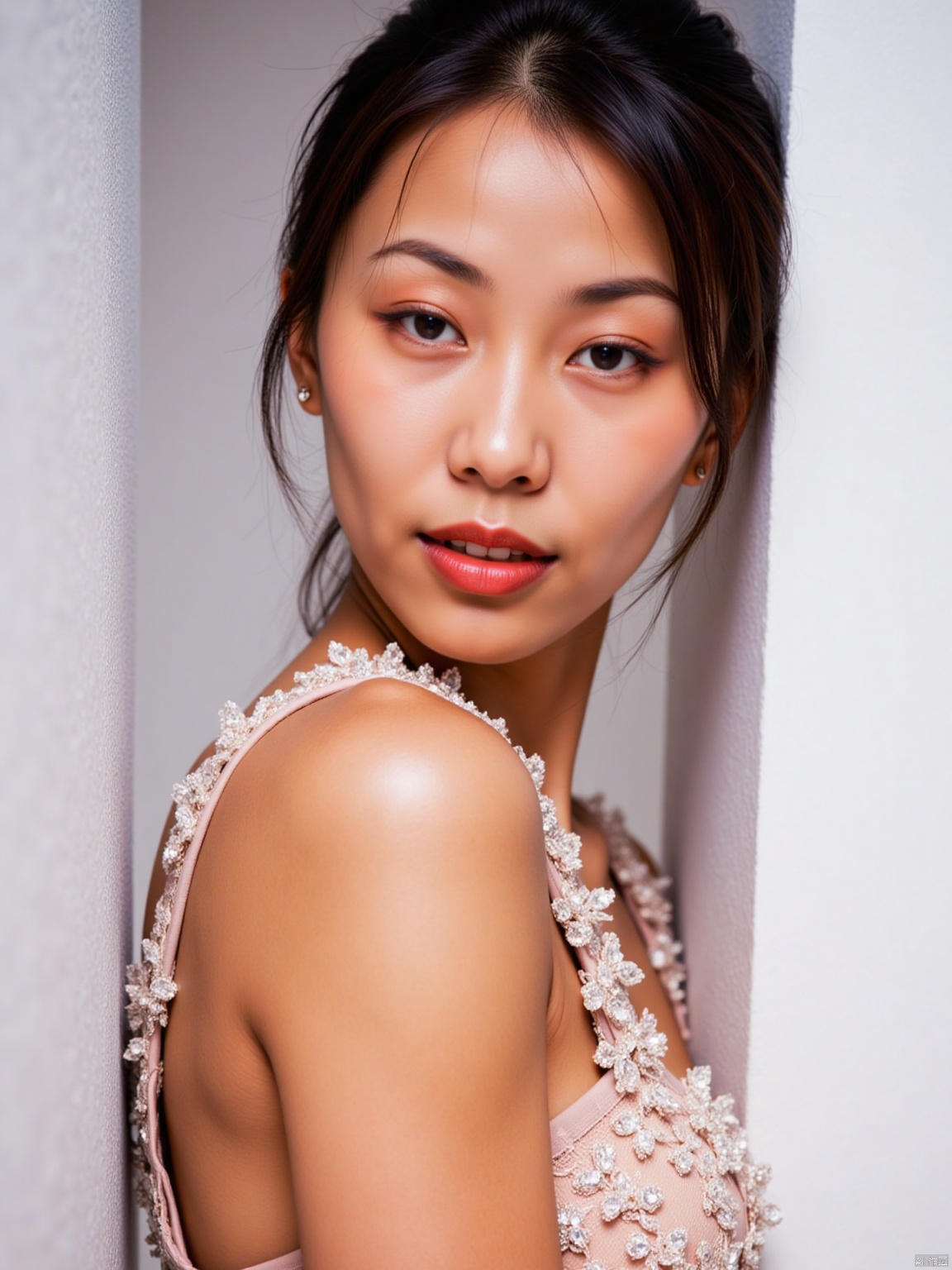  (RAW photo, 4k, realistic, exquisitely detailed skin),masterpiece,best quality,unity 8k wallpaper,ultra detailed,cinematic look,natural skin texture,extremely realistic skin texture,finely detailed face,(film grain:1.2),cinematic angle,Fujifilm XT3,,(highlydetailed),(bright scene),(1girl, solo, cleavage,breasts,low cut evening gown, white background, realistic, upper_body, sleeveless, lips, black hair, brown_eyes, strapless formal dress, looking_at_viewer, nose),(detailed lighting),(contrast),(mysterious atmosphere),,vivid illumination,,masterful technique,,harmonious composition,,immersive atmosphere,,stunning visuals,