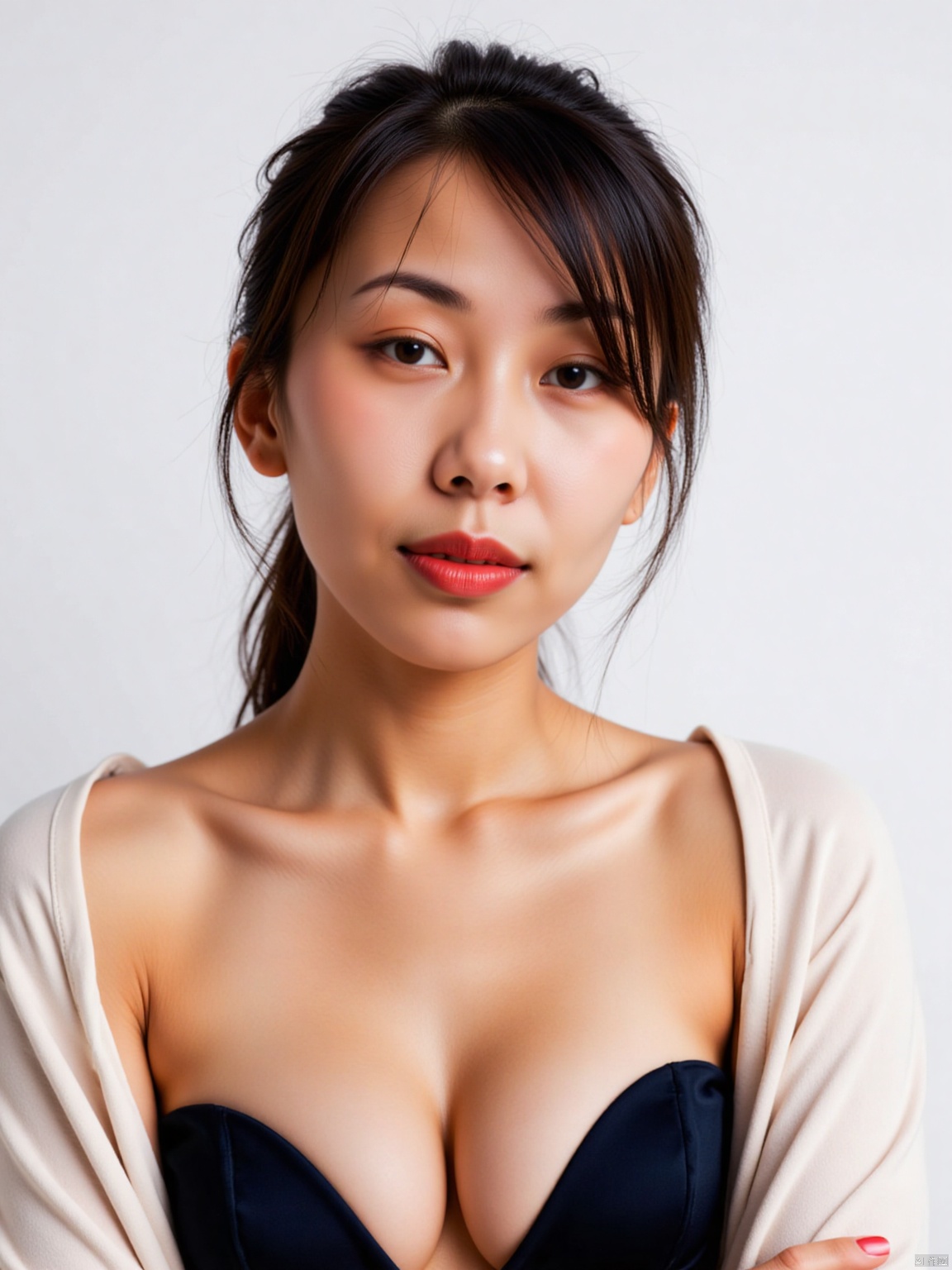  (RAW photo, 4k, realistic, exquisitely detailed skin),masterpiece,best quality,unity 8k wallpaper,ultra detailed,cinematic look,natural skin texture,extremely realistic skin texture,finely detailed face,(film grain:1.2),cinematic angle,Fujifilm XT3,,(highlydetailed),(bright scene),(1girl, solo, cleavage,breasts,low cut evening gown, white background, realistic, upper_body, sleeveless, lips, black hair, brown_eyes, strapless formal dress, looking_at_viewer, nose),(detailed lighting),(contrast),(mysterious atmosphere),,vivid illumination,,masterful technique,,harmonious composition,,immersive atmosphere,,stunning visuals,