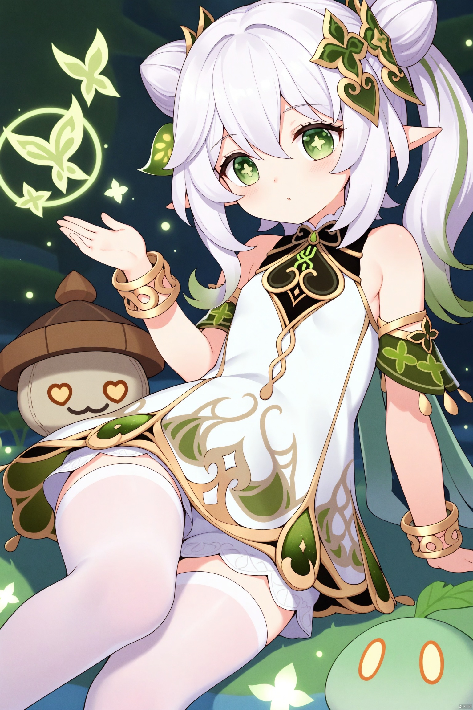 tsubasachyan,masterpiece,best quality,high quality,loli,1girls, solo,loli,little_girl,petite,elf girl,pointy_ears, small breast, white hair, green hair, bangs, hair ornament, gradient hair, hair bun,double buns,green eyes, symbol-shaped pupils, cross-shaped pupils, nahida/ (genshin impact/),dress,