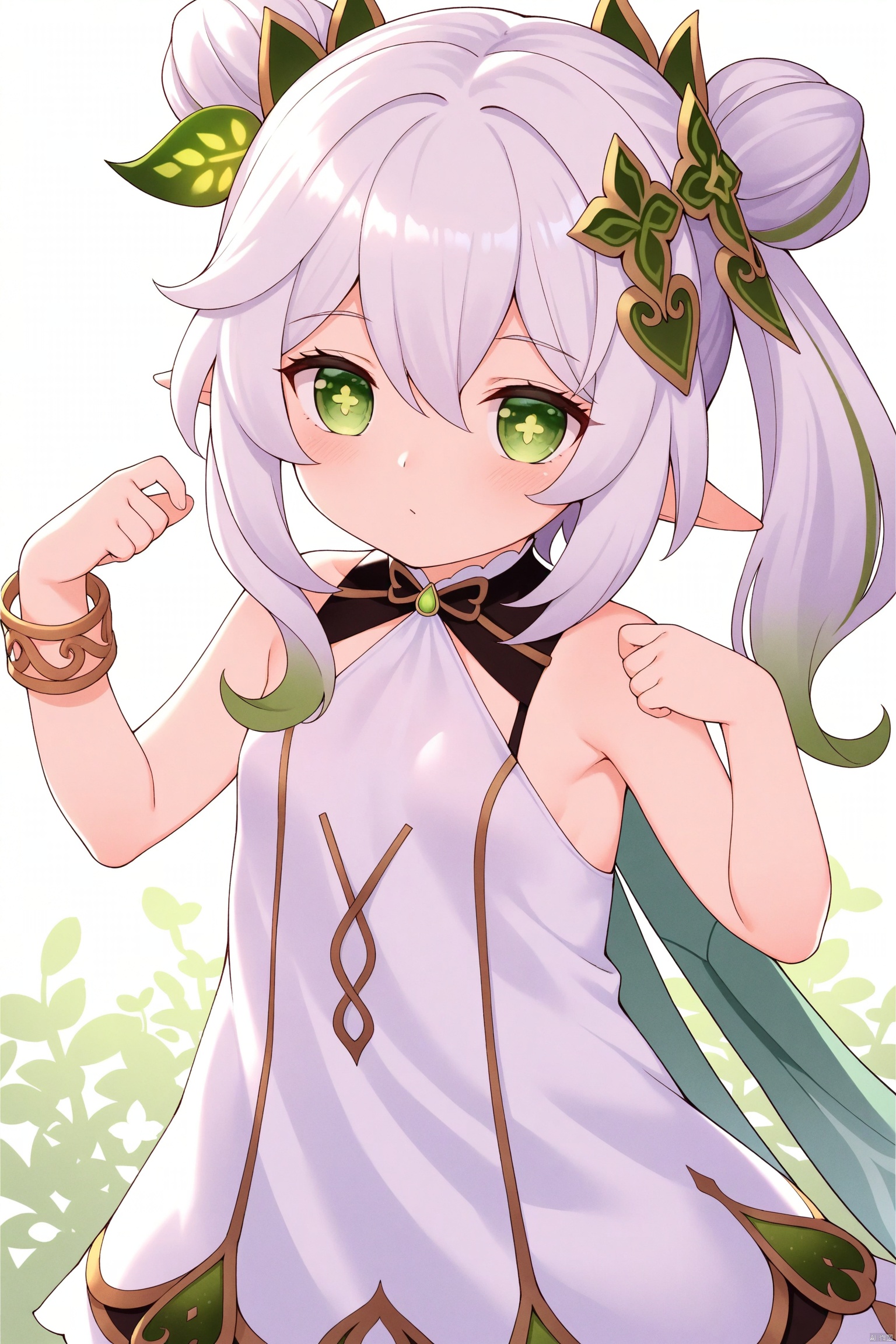 tsubasachyan,masterpiece,best quality,high quality,loli,1girls, solo,loli,little_girl,petite,elf girl,pointy_ears, small breast, white hair, green hair, bangs, hair ornament, gradient hair, hair bun,double buns,green eyes, symbol-shaped pupils, cross-shaped pupils, nahida/ (genshin impact/),dress,