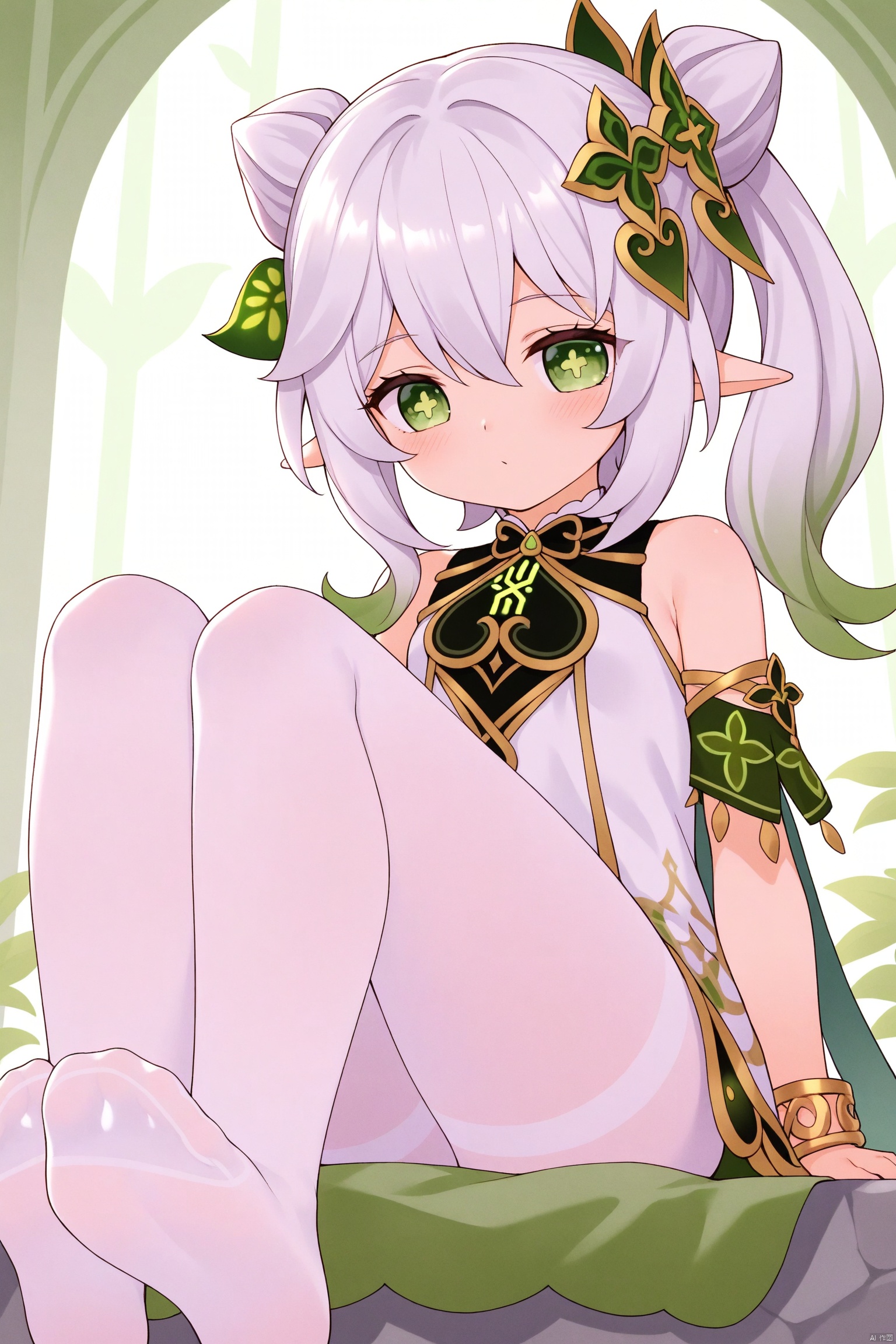 tsubasachyan,masterpiece,best quality,high quality,loli,1girls, solo,loli,little_girl,petite,elf girl,pointy_ears, small breast, white hair, green hair, bangs, hair ornament, gradient hair, hair bun,double buns,green eyes, symbol-shaped pupils, cross-shaped pupils, nahida/ (genshin impact/),dress,