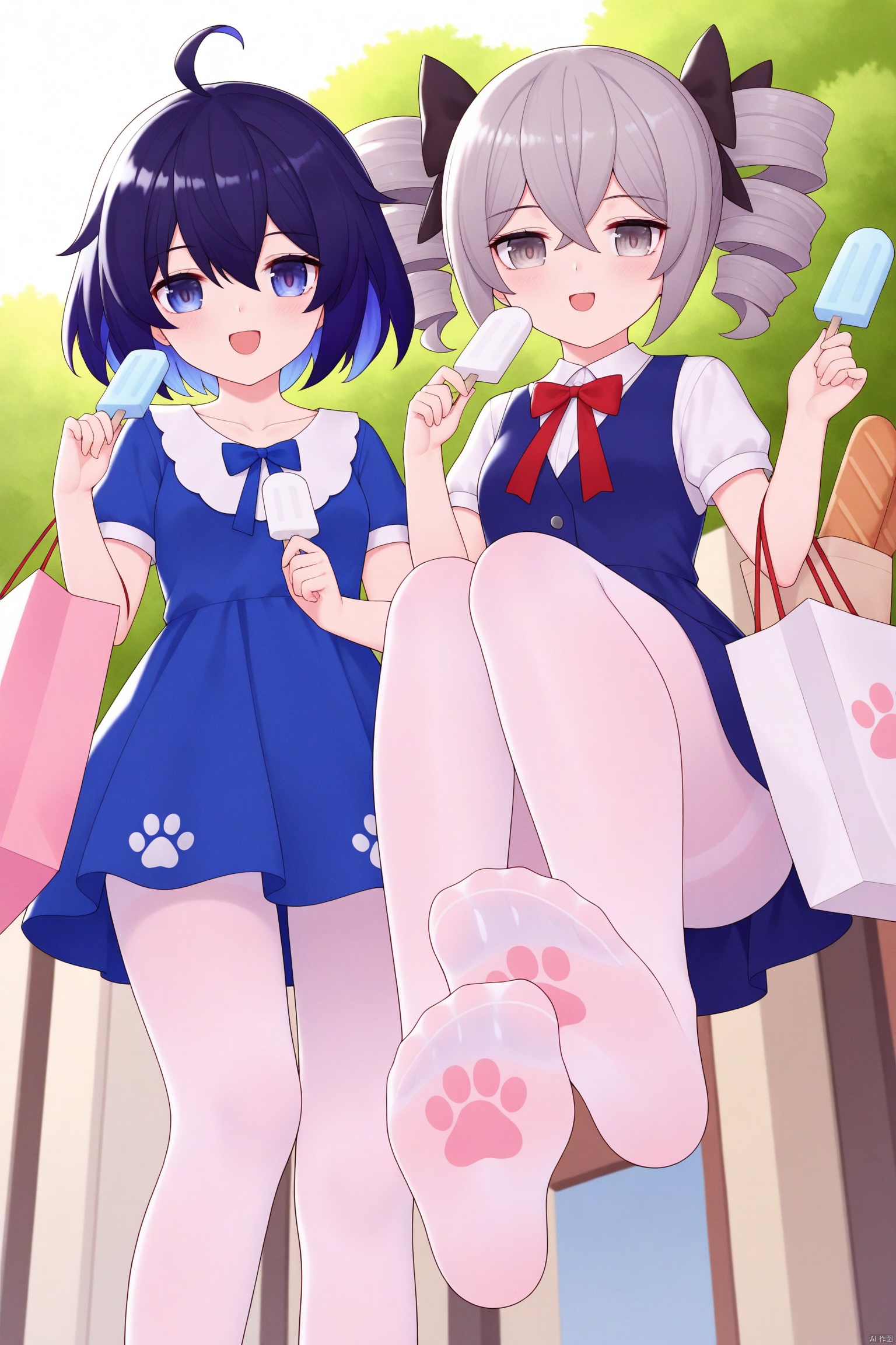 tsubasachyan,masterpiece,best quality,high quality,looking at viewer, blush, smile, short hair, open mouth, bangs, blue eyes, multiple girls, dress, bow, holding, 2girls, hair between eyes, blue hair, full body, ahoge, short sleeves, :d, hair bow, grey hair, pantyhose, outdoors, food, bag, vest, feet, grey eyes, toes, blue dress, no shoes, drill hair, soles, holding food, twin drills, popsicle, foot focus, holding bag, paw print, shopping bag, bronya zaychik, seele vollerei,cxnice3