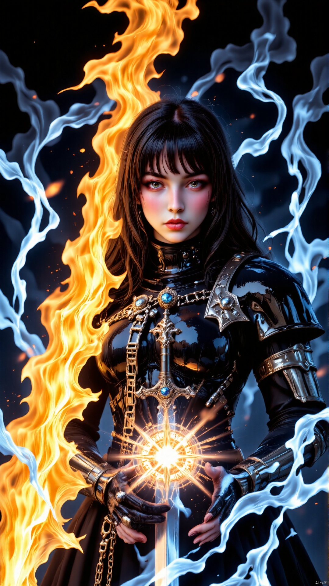 1girl,A picture full of tension,a sword in her hand,dark-bringer,fallen knight,dark arcanist,dark warrior,dark epic,darkness aura,dark phantasy,artorias,holy sword in her hands,evil knight,infernal art in good quality,darkpowerful elegant,vergil,darkness background,berserk guts,dark backround,deathknight,shadow armor,omen from valorant,elf knight,shadowverse style,sharp black armor,dark knight,black shiny armor,dark armor,celshaded art,undead knight,dark backgroud,darkness's background,epic exquisite character art,beautiful sword,epically luminous image,concept art,SKNTXTR,,Glossy Oil Skin,