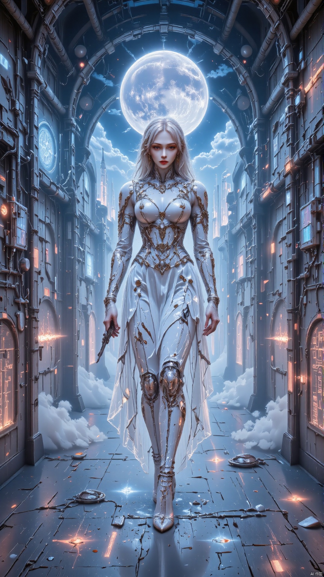 The goddess strolls in the mechanical corridor, and the energy pipes on the walls emit a faint light. Her hlr_dress incorporates mechanical elements, echoing the surrounding environment. Delicate patterns on the skirt appear and disappear faintly, and her high - heeled boots make a clear sound. She walks gracefully, and it seems that she is holding a secret device related to the future in her hand.magnificent, masterpiece, realistic, best quality, highly detailed,profession, creative, glowing, dynamic,UHD,hlr_dress,plns,hlr,cyberpunk night city,BO-AN1ME,