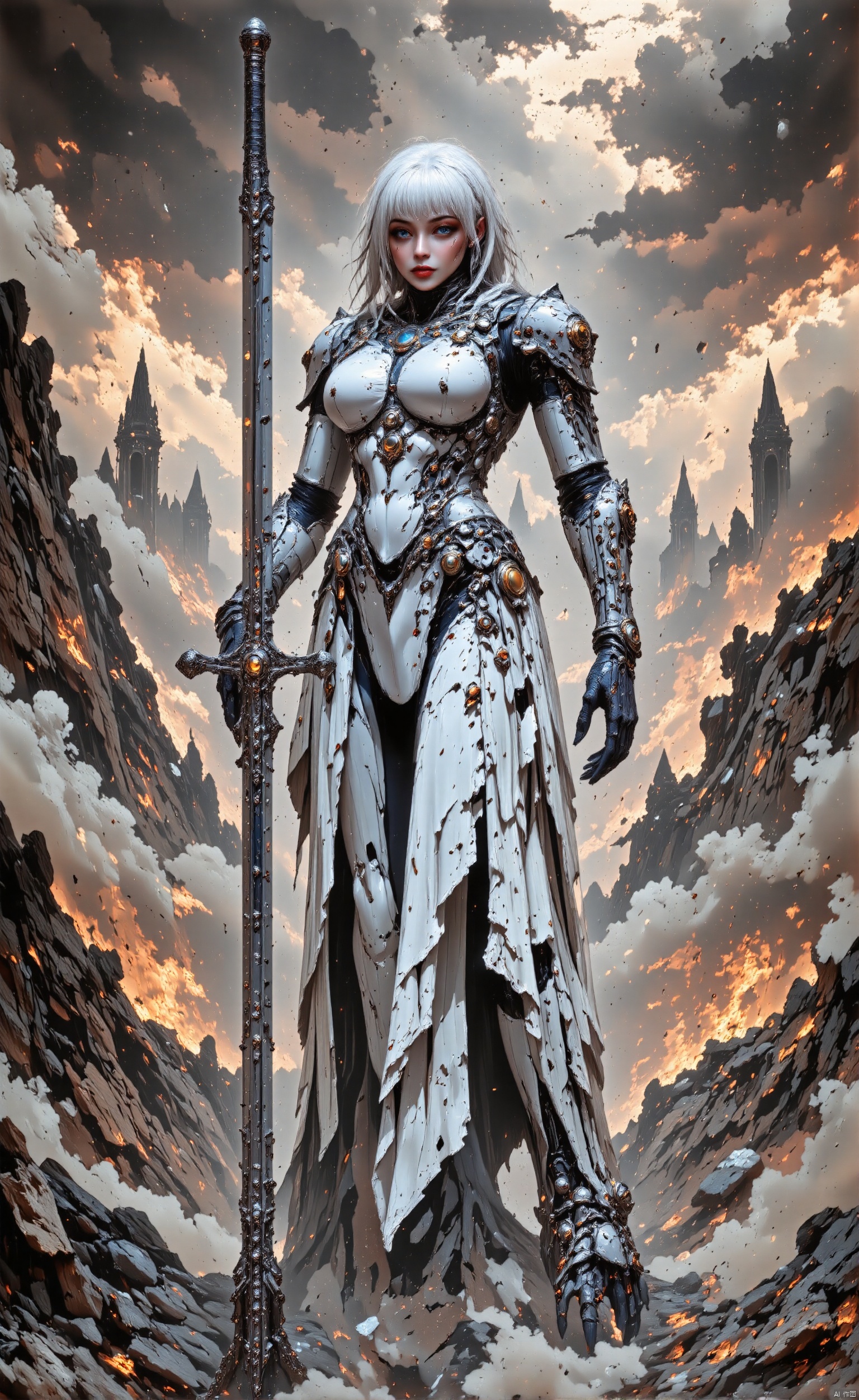 bo-an1me, dark fantasy illustration, high detail fantasy anime, a striking figure standing confidently amidst a desolate, futuristic landscape. The character is adorned in a sleek, intricate suit of armor that seamlessly integrates mechanical components, giving them a formidable and otherworldly appearance. Their long, flowing white hair is styled elegantly, and their piercing blue eyes exude a sense of determination and strength. The character wields a large, ornate sword, which is held firmly in their right hand, ready for action. The armor is complemented by delicate, silver accents that add a touch of sophistication to their otherwise formidable presence. The background is a chaotic, post-apocalyptic scene with debris and a faint, misty atmosphere, enhancing the sense of a world in turmoil. The lighting is dramatic, with a soft glow illuminating the character's form and casting subtle shadows that emphasize their muscular structure and the intricate details of their armor. The overall effect is one of a powerful, ethereal figure standing against a backdrop of destruction, embodying both resilience and grace.,BO-AN1ME,