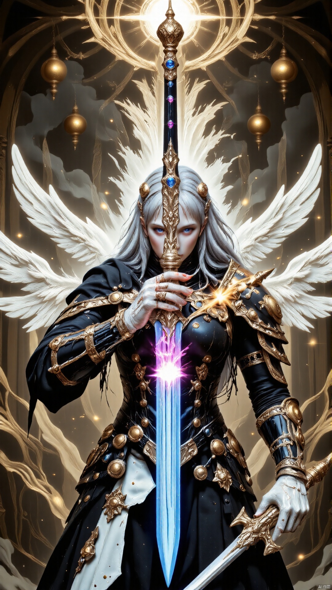 1girl,A picture full of tension,a sword in her hand,dark-bringer,fallen knight,dark arcanist,dark warrior,dark epic,darkness aura,dark phantasy,artorias,holy sword in her hands,evil knight,infernal art in good quality,darkpowerful elegant,vergil,darkness background,berserk guts,dark backround,deathknight,shadow armor,omen from valorant,elf knight,shadowverse style,sharp black armor,dark knight,black shiny armor,dark armor,celshaded art,undead knight,dark backgroud,darkness's background,epic exquisite character art,beautiful sword,epically luminous image,concept art,SKNTXTR,,Glossy Oil Skin,