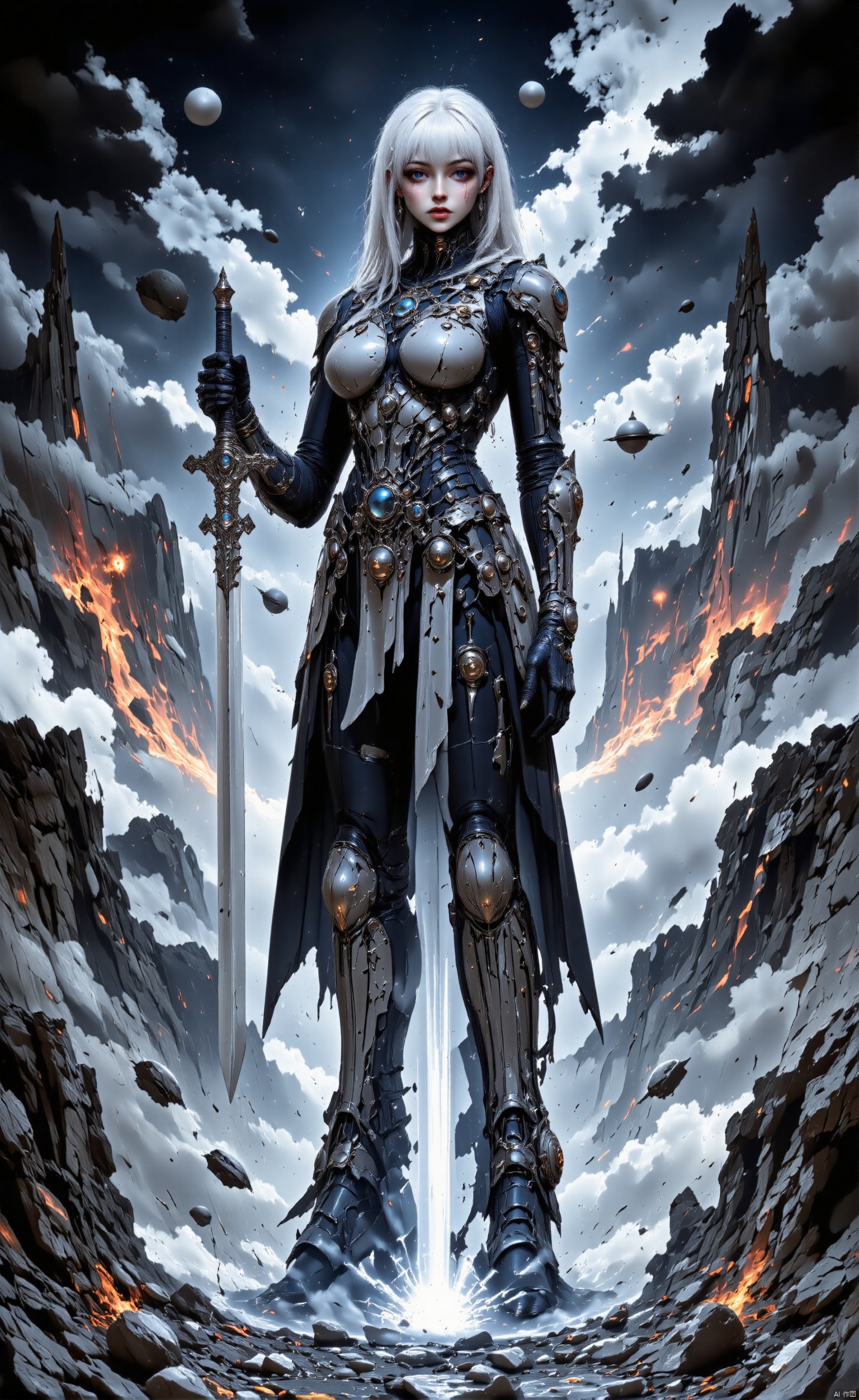 bo-an1me, dark fantasy illustration, high detail fantasy anime, a striking figure standing confidently amidst a desolate, futuristic landscape. The character is adorned in a sleek, intricate suit of armor that seamlessly integrates mechanical components, giving them a formidable and otherworldly appearance. Their long, flowing white hair is styled elegantly, and their piercing blue eyes exude a sense of determination and strength. The character wields a large, ornate sword, which is held firmly in their right hand, ready for action. The armor is complemented by delicate, silver accents that add a touch of sophistication to their otherwise formidable presence. The background is a chaotic, post-apocalyptic scene with debris and a faint, misty atmosphere, enhancing the sense of a world in turmoil. The lighting is dramatic, with a soft glow illuminating the character's form and casting subtle shadows that emphasize their muscular structure and the intricate details of their armor. The overall effect is one of a powerful, ethereal figure standing against a backdrop of destruction, embodying both resilience and grace.,BO-AN1ME,FITGIRL FIT GYM GIRL STYLE,