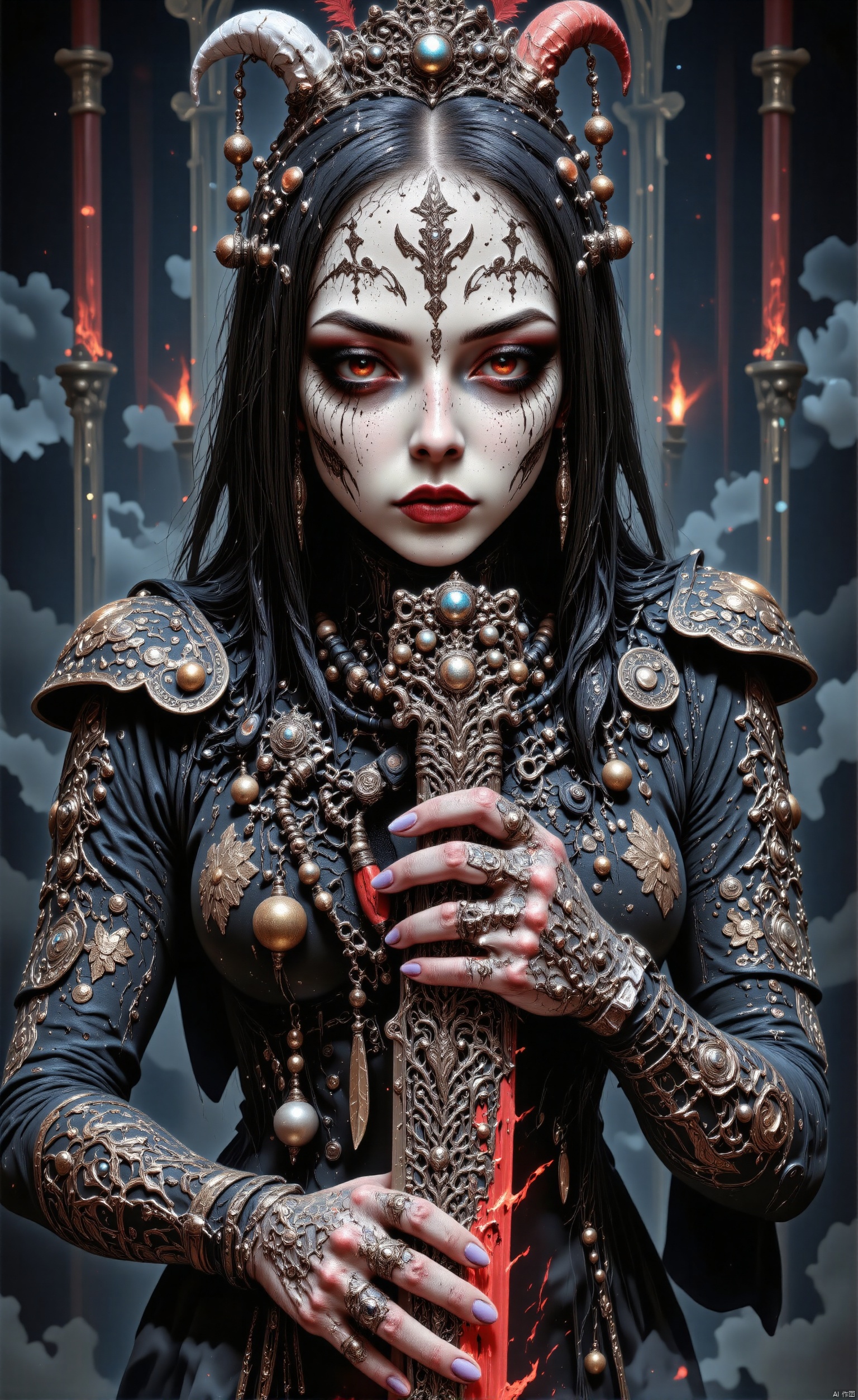 bo-an1me, dark fantasy illustration, high detall fantasy anime, a striking and vivid scene with a focus on intricate details and dramatic lighting. The subject is adorned with elaborate tribal-style tattoos covering their face, which are highlighted by the contrasting colors and patterns. Their eyes are accentuated with striking makeup, adding depth and intensity to their expression. The subject is holding a large, ornate sword, its intricate engravings catching the light and drawing attention to its craftsmanship. The subject's hair is styled in a flowing manner, and they are adorned with various accessories, including feathers and beads, which add to the overall aesthetic. The background is dark and blurred, ensuring that the subject stands out as the focal point of the image. The atmosphere is intense and mysterious, with a strong emphasis on the subject's striking appearance and the dramatic lighting that enhances the visual details.,BO-AN1ME,