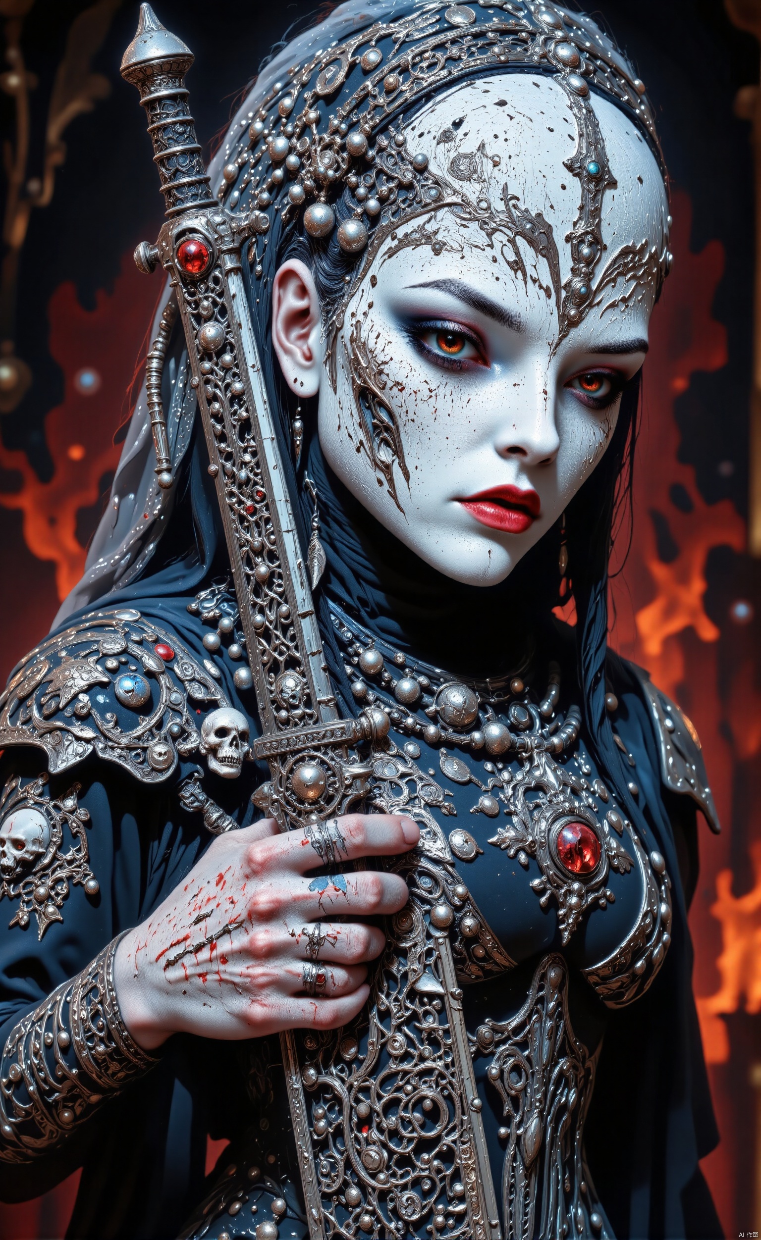bo-an1me, dark fantasy illustration, high detall fantasy anime, a striking and vivid scene with a focus on intricate details and dramatic lighting. The subject is adorned with elaborate tribal-style tattoos covering their face, which are highlighted by the contrasting colors and patterns. Their eyes are accentuated with striking makeup, adding depth and intensity to their expression. The subject is holding a large, ornate sword, its intricate engravings catching the light and drawing attention to its craftsmanship. The subject's hair is styled in a flowing manner, and they are adorned with various accessories, including feathers and beads, which add to the overall aesthetic. The background is dark and blurred, ensuring that the subject stands out as the focal point of the image. The atmosphere is intense and mysterious, with a strong emphasis on the subject's striking appearance and the dramatic lighting that enhances the visual details.,BO-AN1ME,