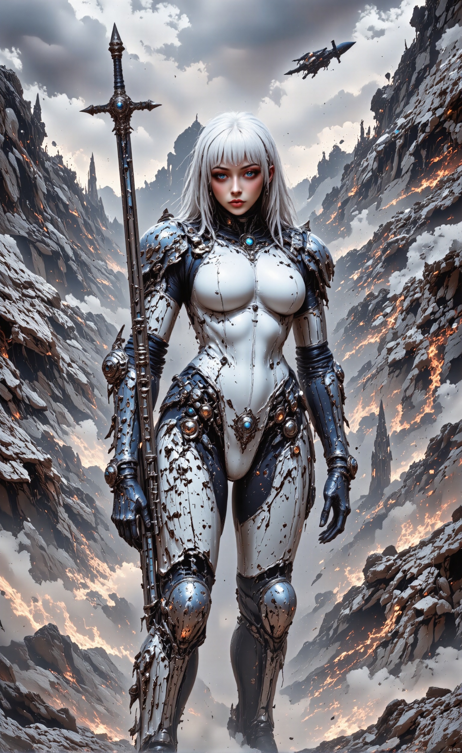 bo-an1me, dark fantasy illustration, high detail fantasy anime, a striking figure standing confidently amidst a desolate, futuristic landscape. The character is adorned in a sleek, intricate suit of armor that seamlessly integrates mechanical components, giving them a formidable and otherworldly appearance. Their long, flowing white hair is styled elegantly, and their piercing blue eyes exude a sense of determination and strength. The character wields a large, ornate sword, which is held firmly in their right hand, ready for action. The armor is complemented by delicate, silver accents that add a touch of sophistication to their otherwise formidable presence. The background is a chaotic, post-apocalyptic scene with debris and a faint, misty atmosphere, enhancing the sense of a world in turmoil. The lighting is dramatic, with a soft glow illuminating the character's form and casting subtle shadows that emphasize their muscular structure and the intricate details of their armor. The overall effect is one of a powerful, ethereal figure standing against a backdrop of destruction, embodying both resilience and grace.,BO-AN1ME,