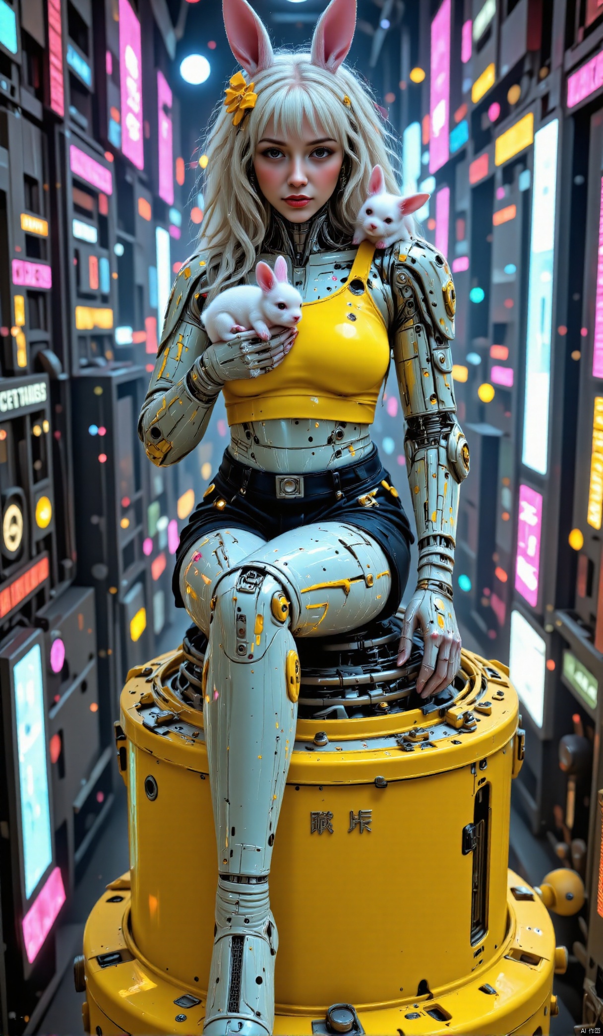 Super-realistic photography, a long-haired female robot sitting on a yellow technology charging bucket. Her hair is silvery white, curly and fluffy, and she wears bunny ears on her head. She wore a yellow top, black shorts and blue shoes with yellow bow decorations. On her lap was a little white bunny, and on her shoulder lay another little bunny. The background is a cyberpunk city with neon lights,Mechanical girl,Glossy Oil Skin,,ILLUSTRATION_ERA,,FITGIRL FIT GYM GIRL STYLE,