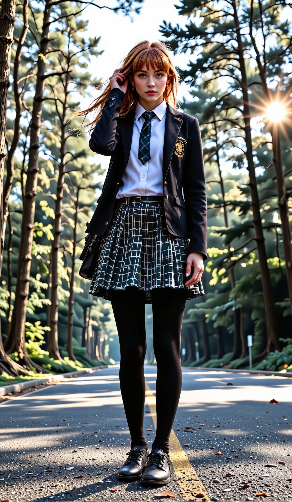  Best quality , masterpiece , ultra high res , raw photo , detail face , detailed skin ,( realistic , photo - realistic :1.3). dramatic lighting . light on face ,1girl, solo , cowboy shot , standing , Copper Hair , Forest , outdoors , looking at viewer , **ile , long hair , bangs , ature female , milf , narrow waist , skinny , open clothes , black pantyhose , black jacket , school uniform , long sleeves , sleeves past wrists , collared shirt , pleated skirt , black skirt , miniskirt , plaid skirt , bag , shoes , black footwear , blazer , cardigan , plaid , school bag , necktie , high school , street , tree , lens flare , wind ,black pantyhose,
