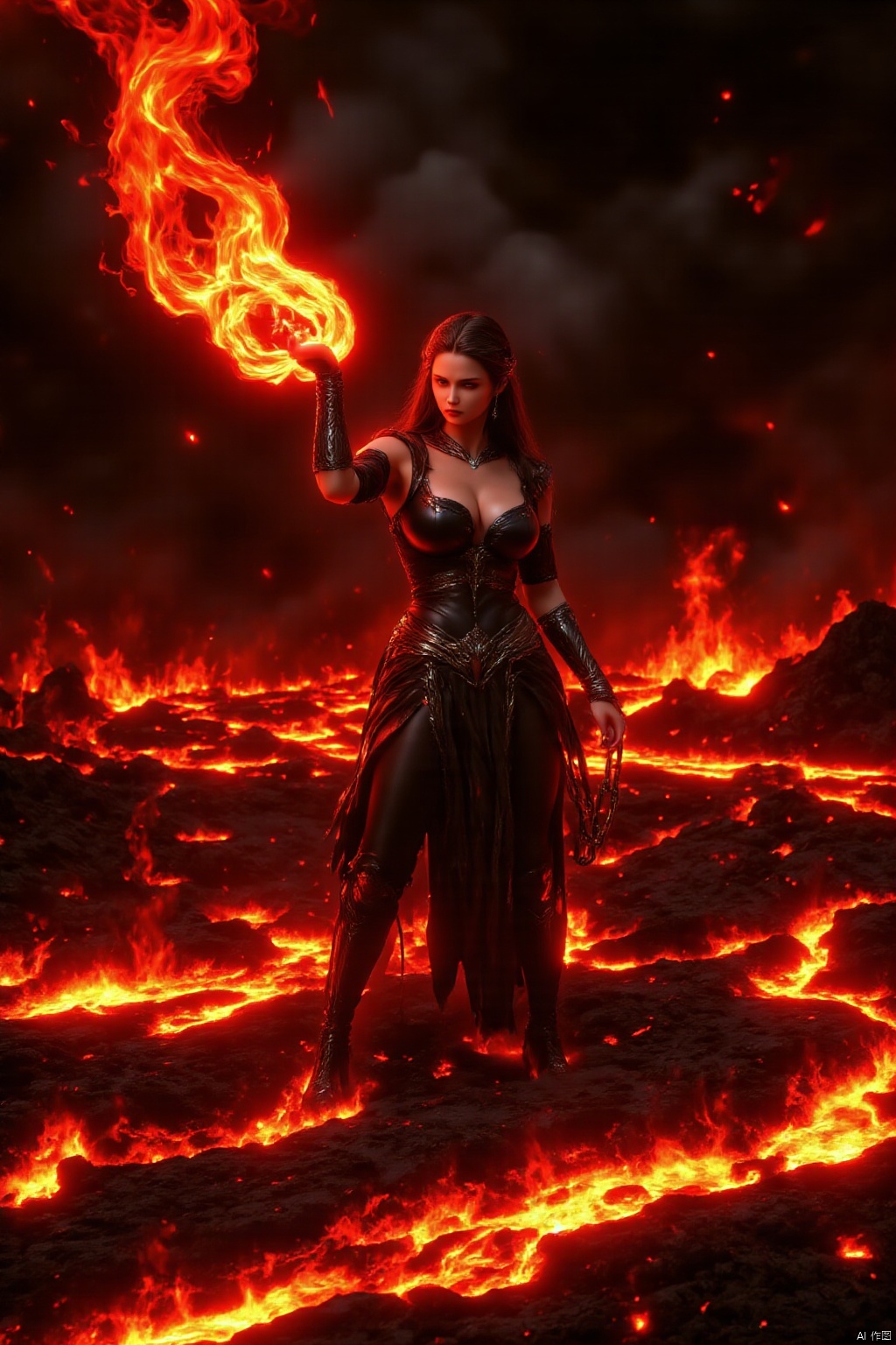 Blazing Inferno: A woman stands defiantly amidst a fiery landscape,  her feet inches from the molten lava flows that stret...