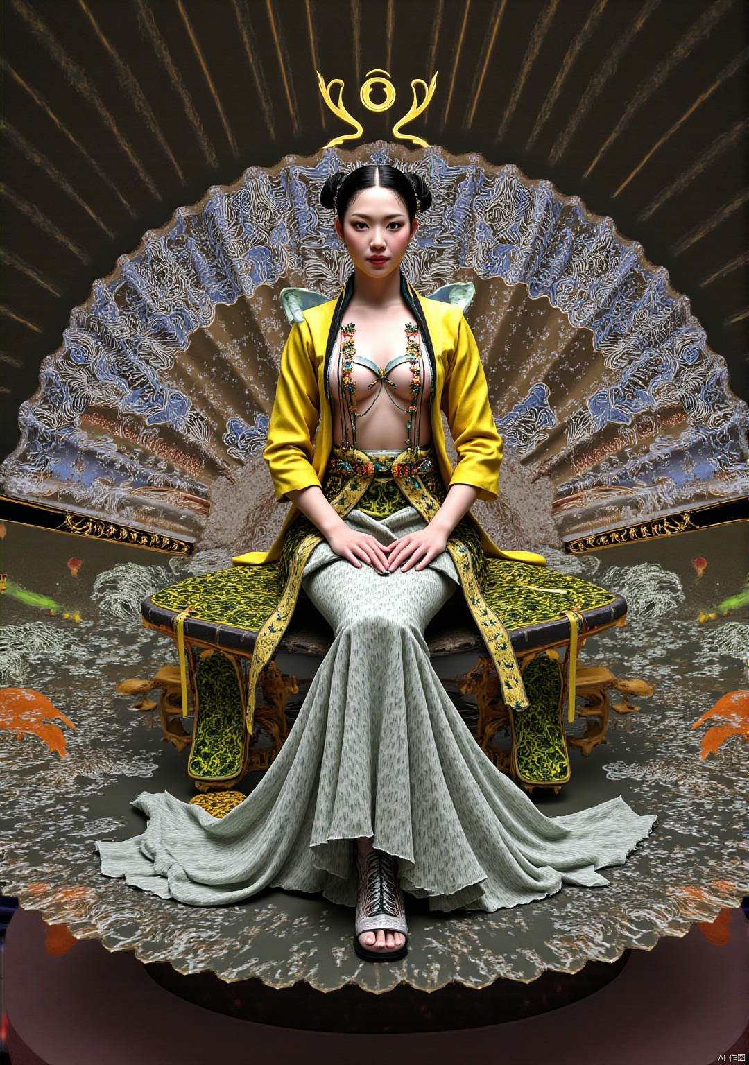 Lu Xueqi's portrait,  Chinese anime style,  sitting on the giant folding fan of the holographic projection structure on Te...