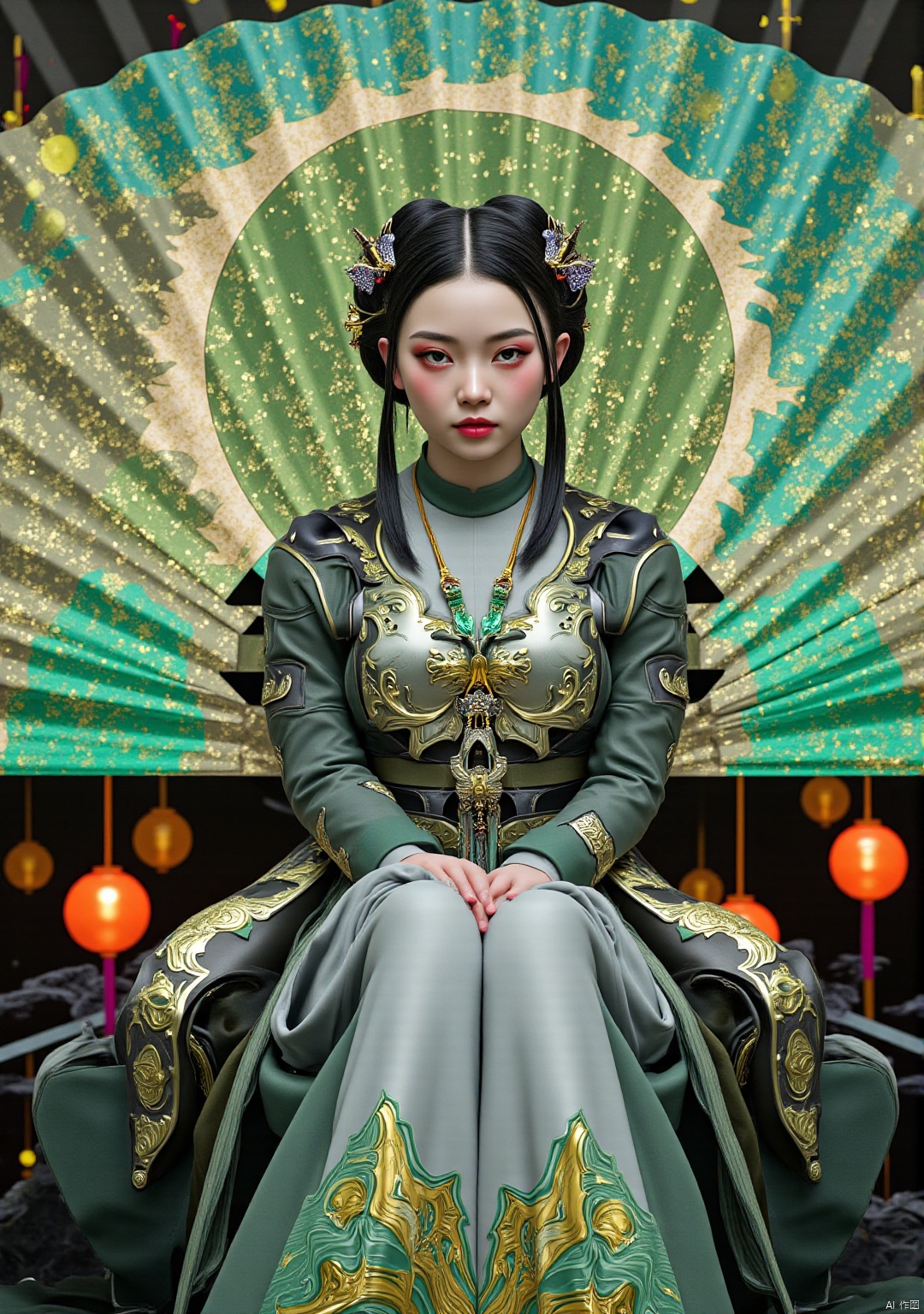 Lu Xueqi's portrait,  Chinese anime style,  sitting on the giant folding fan of the holographic projection structure on Te...