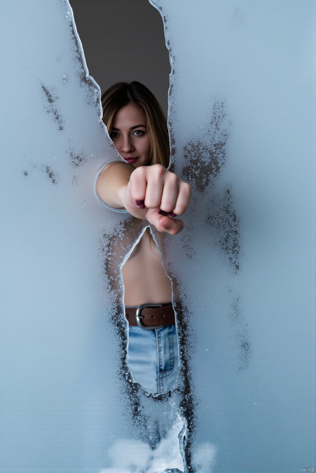 surreal art,  a woman dramatically punches through a cracked ice curtain that covers the screen and separates her from the...