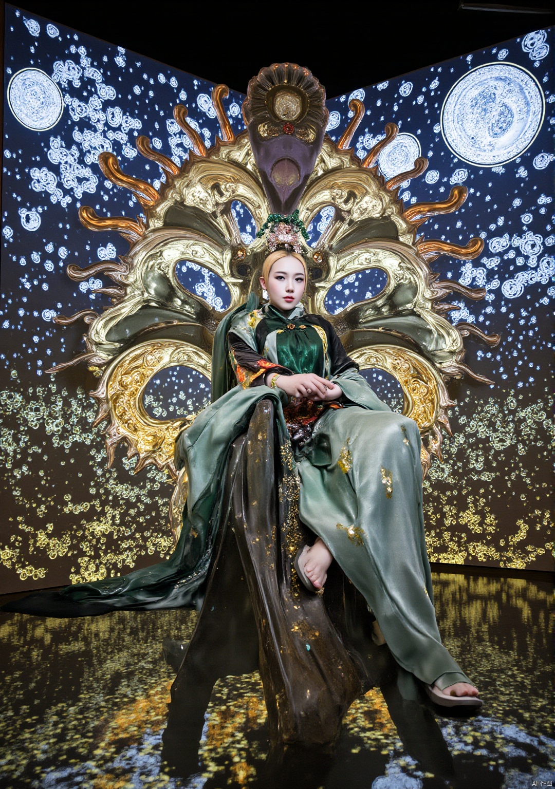 Lu Xueqi's portrait,  Chinese anime style,  sitting on the giant folding fan of the holographic projection structure on Te...