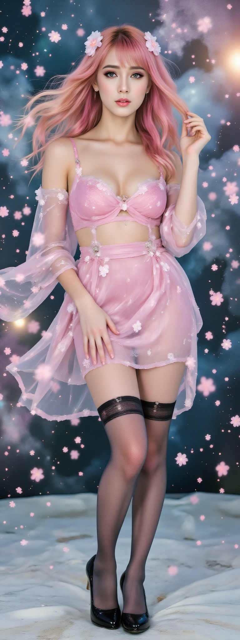 Top quality. Image content: A full-body portrait of a solitary young woman,  gazing at the viewer. She has flowing,  long...