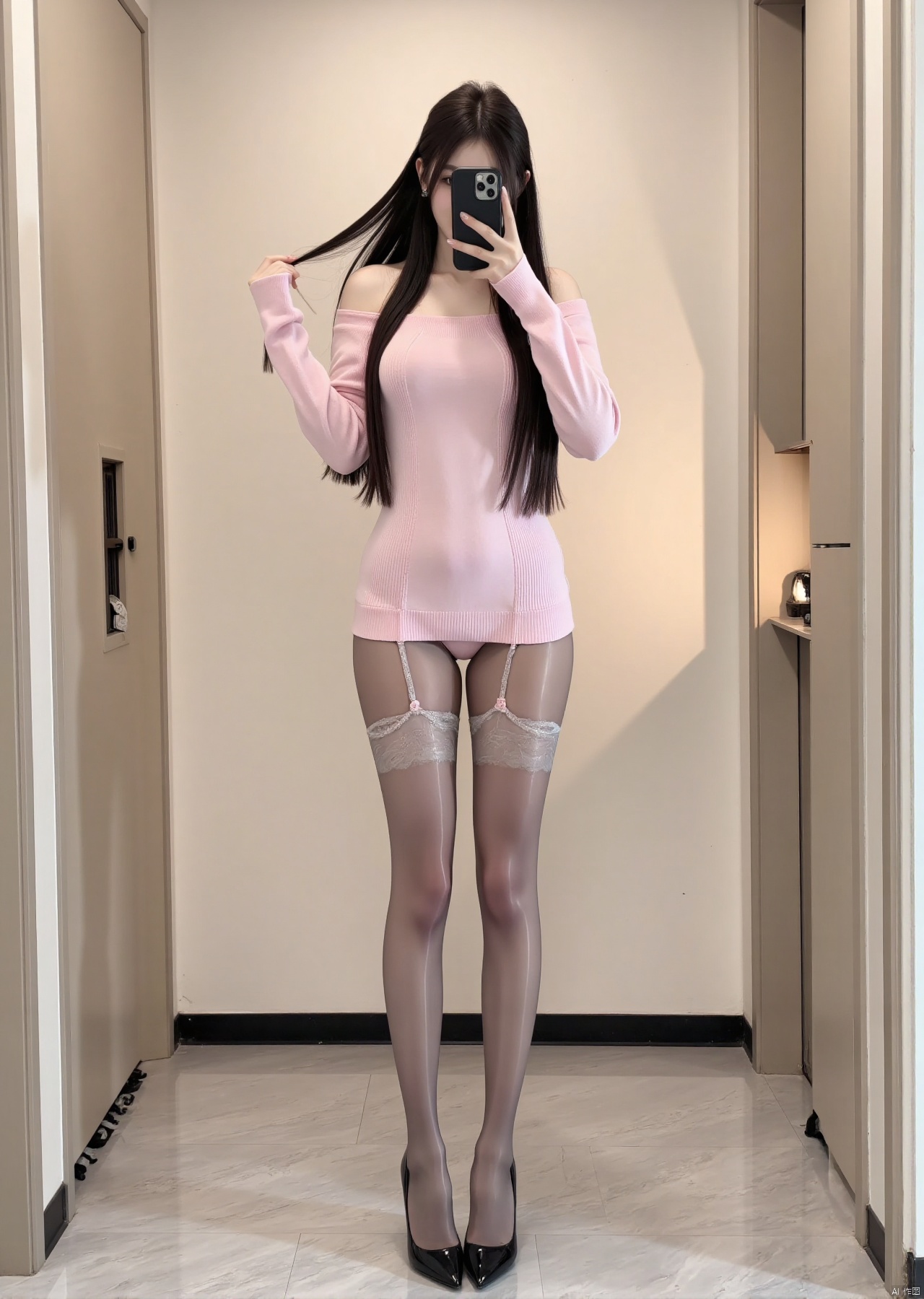 Realistic photos, 1girl, long hair, fair skin, big breast, off-shoulder pink sweater, shiny pantyhose, long legs, high heels, full body, standing in the elevator, selfie,