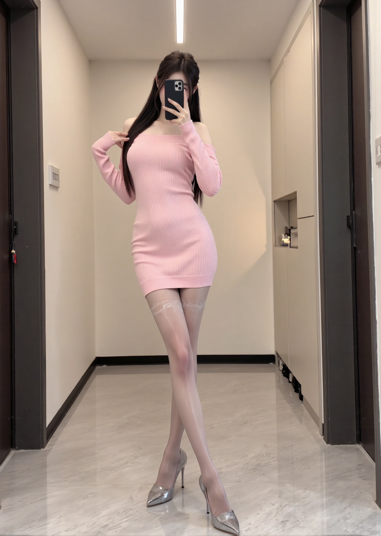 Realistic photos, 1girl, long hair, fair skin, big breast, off-shoulder pink sweater, shiny pantyhose, long legs, high heels, full body, standing in the elevator, selfie,