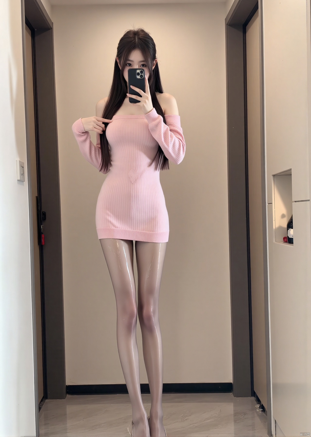 Realistic photos, 1girl, long hair, fair skin, big breast, off-shoulder pink sweater, shiny pantyhose, long legs, high heels, full body, standing in the elevator, selfie,