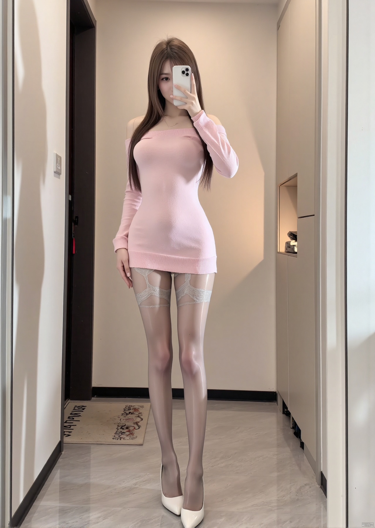 Realistic photos, 1girl, long hair, fair skin, big breast, off-shoulder pink sweater, shiny pantyhose, long legs, high heels, full body, standing in the elevator, selfie,