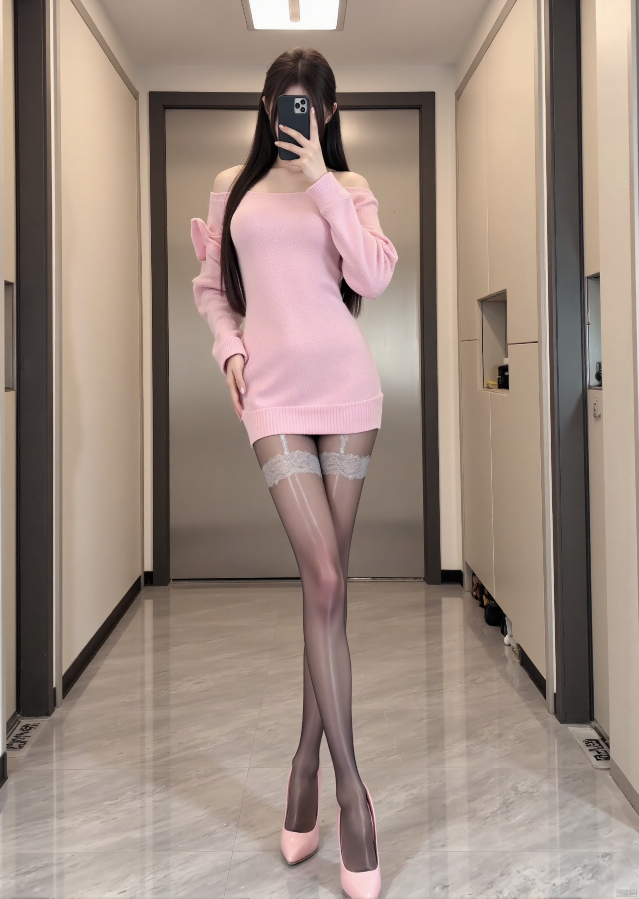 Realistic photos, 1girl, long hair, fair skin, big breast, off-shoulder pink sweater, shiny pantyhose, long legs, high heels, full body, standing in the elevator, selfie,