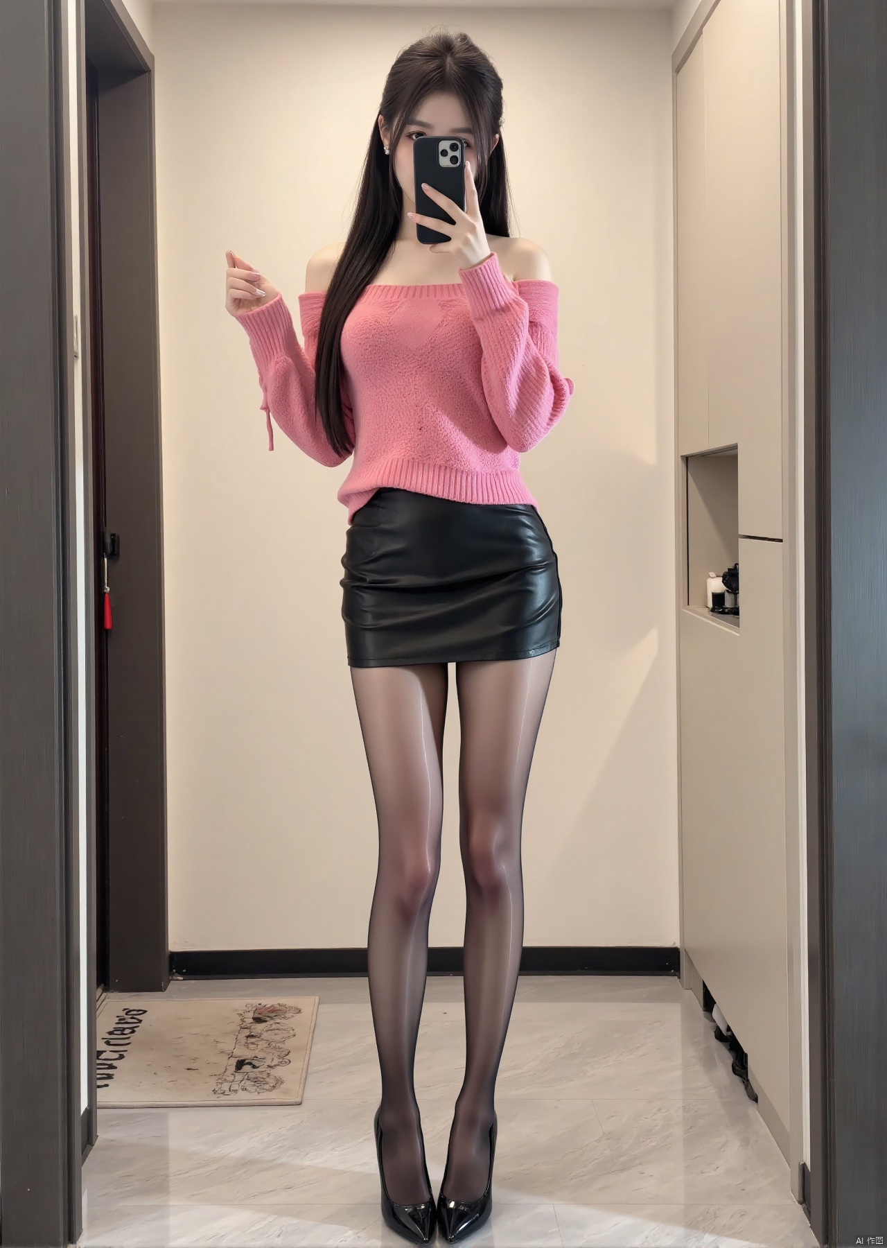 Realistic photos, 1girl, long hair, fair skin, big breast, off-shoulder pink sweater, short leather skirt, pantyhose, long legs, high boots, full body, standing in the elevator, selfie,