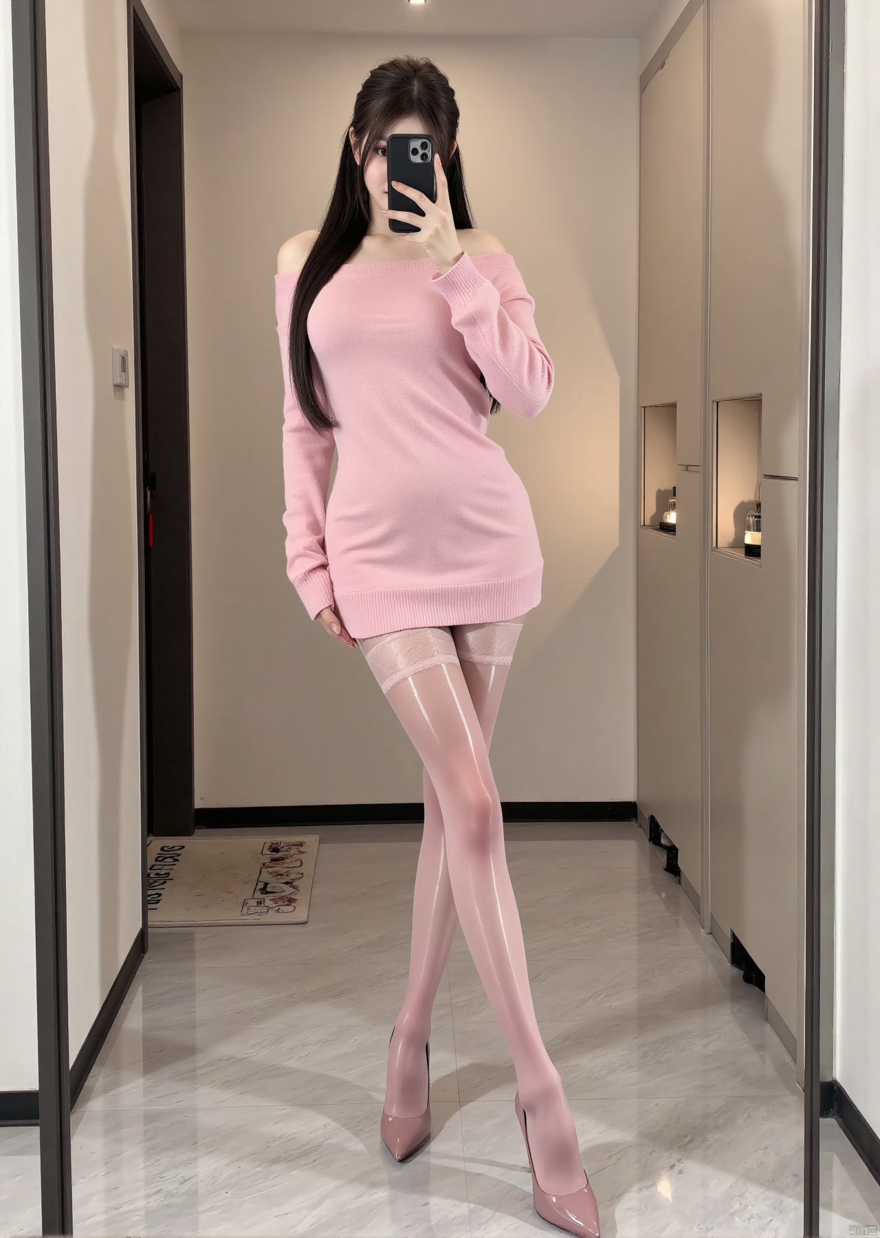 Realistic photos, 1girl, long hair, fair skin, big breast, off-shoulder pink sweater, shiny pantyhose, long legs, high heels, full body, standing in the elevator, selfie,