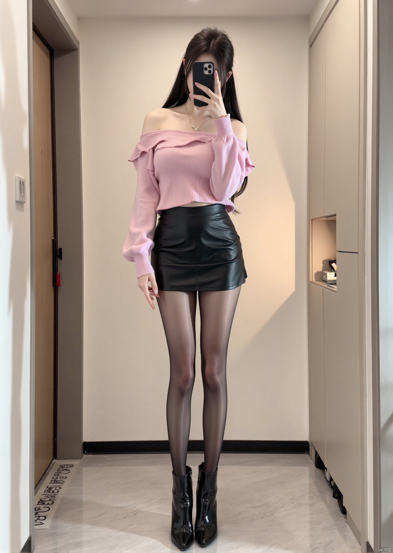 Realistic photos, 1girl, long hair, fair skin, big breast, off-shoulder pink sweater, short leather skirt, pantyhose, long legs, high boots, full body, standing in the elevator, selfie,